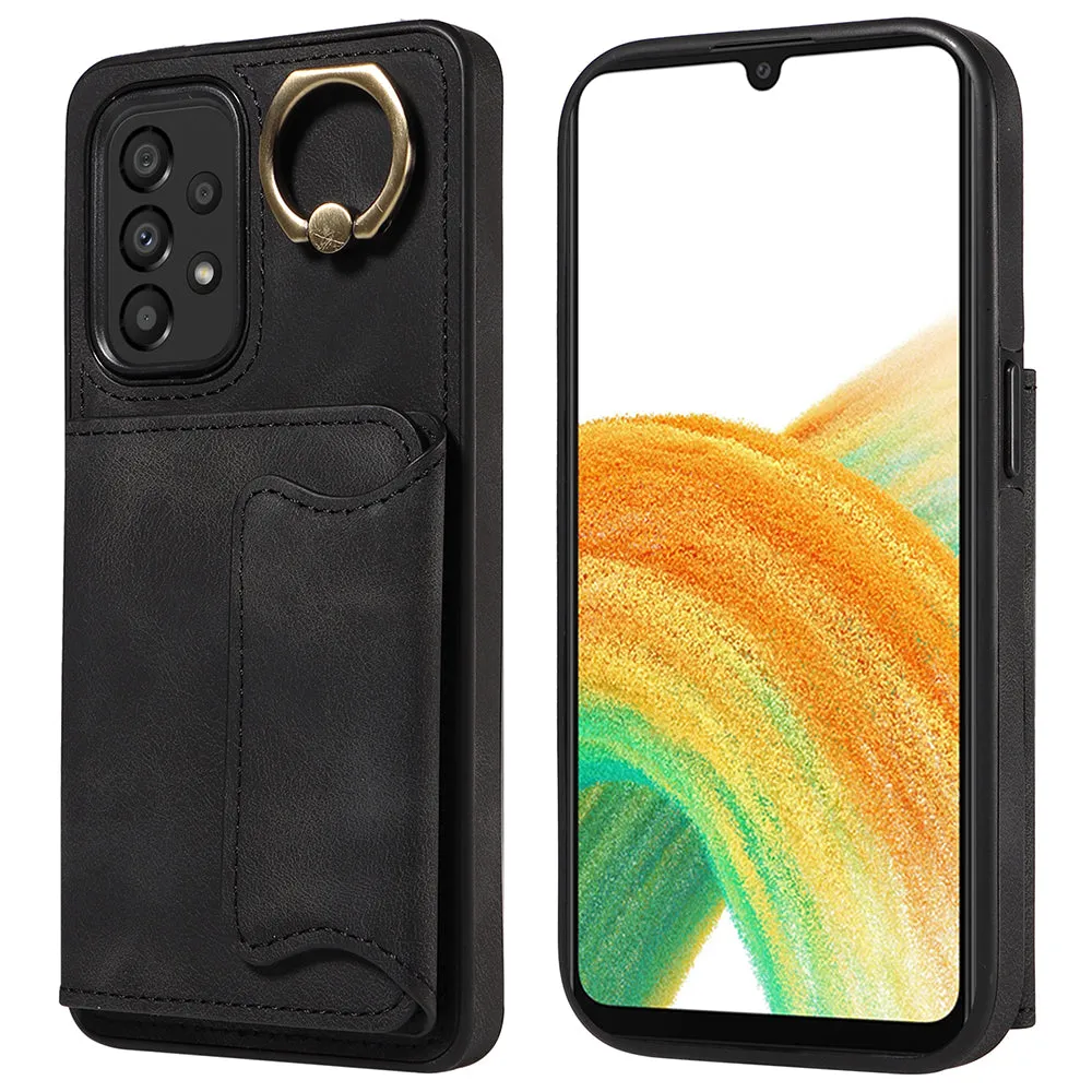 001 For Samsung Galaxy A33 5G PU Leather TPU Card Holder Phone Cover Ring Kickstand Anti-scratch Case