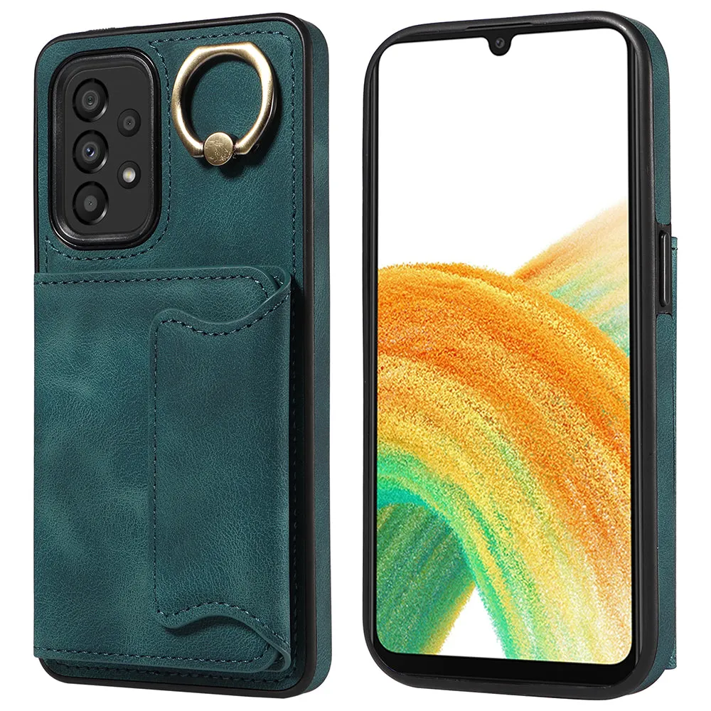 001 For Samsung Galaxy A33 5G PU Leather TPU Card Holder Phone Cover Ring Kickstand Anti-scratch Case