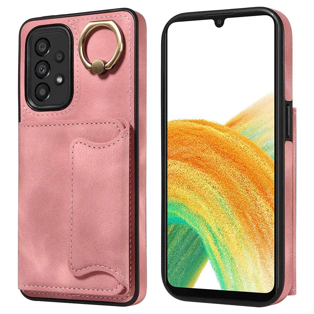 001 For Samsung Galaxy A33 5G PU Leather TPU Card Holder Phone Cover Ring Kickstand Anti-scratch Case