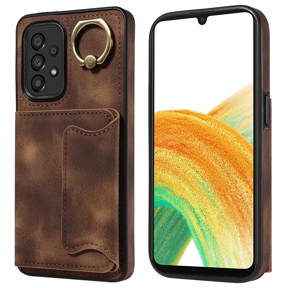 001 For Samsung Galaxy A33 5G PU Leather TPU Card Holder Phone Cover Ring Kickstand Anti-scratch Case