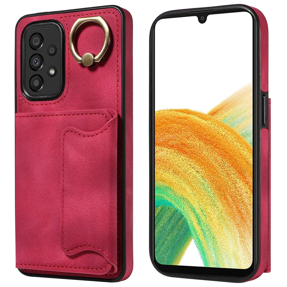 001 For Samsung Galaxy A33 5G PU Leather TPU Card Holder Phone Cover Ring Kickstand Anti-scratch Case