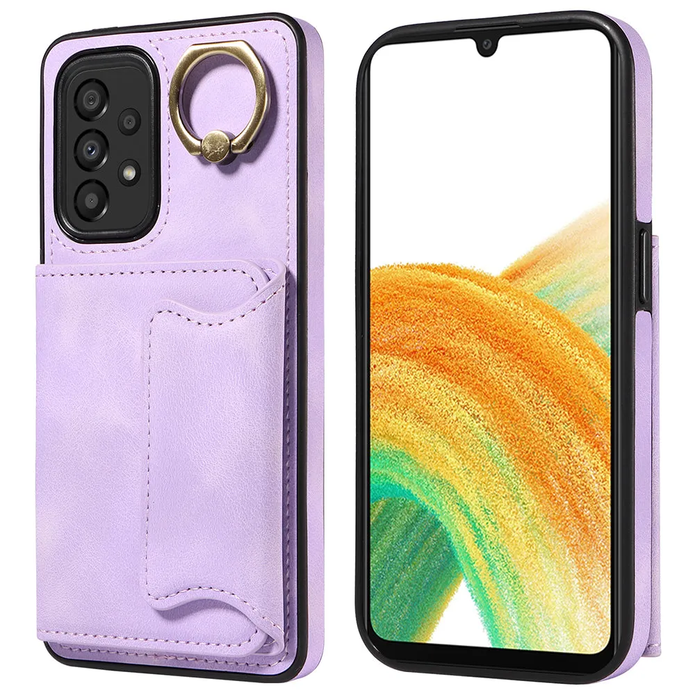 001 For Samsung Galaxy A33 5G PU Leather TPU Card Holder Phone Cover Ring Kickstand Anti-scratch Case