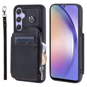 009 Phone Case for Samsung Galaxy A54 5G , RFID Blocking PU TPU Bump Proof Cover Kickstand Zipper Wallet Shell with Strap