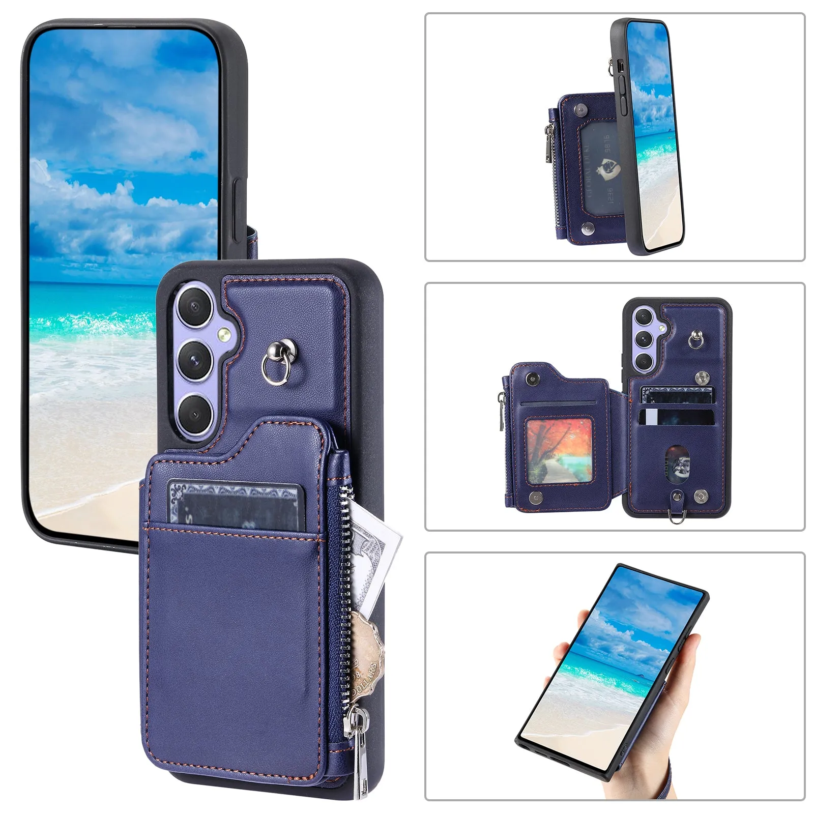 009 Phone Case for Samsung Galaxy A54 5G , RFID Blocking PU TPU Bump Proof Cover Kickstand Zipper Wallet Shell with Strap