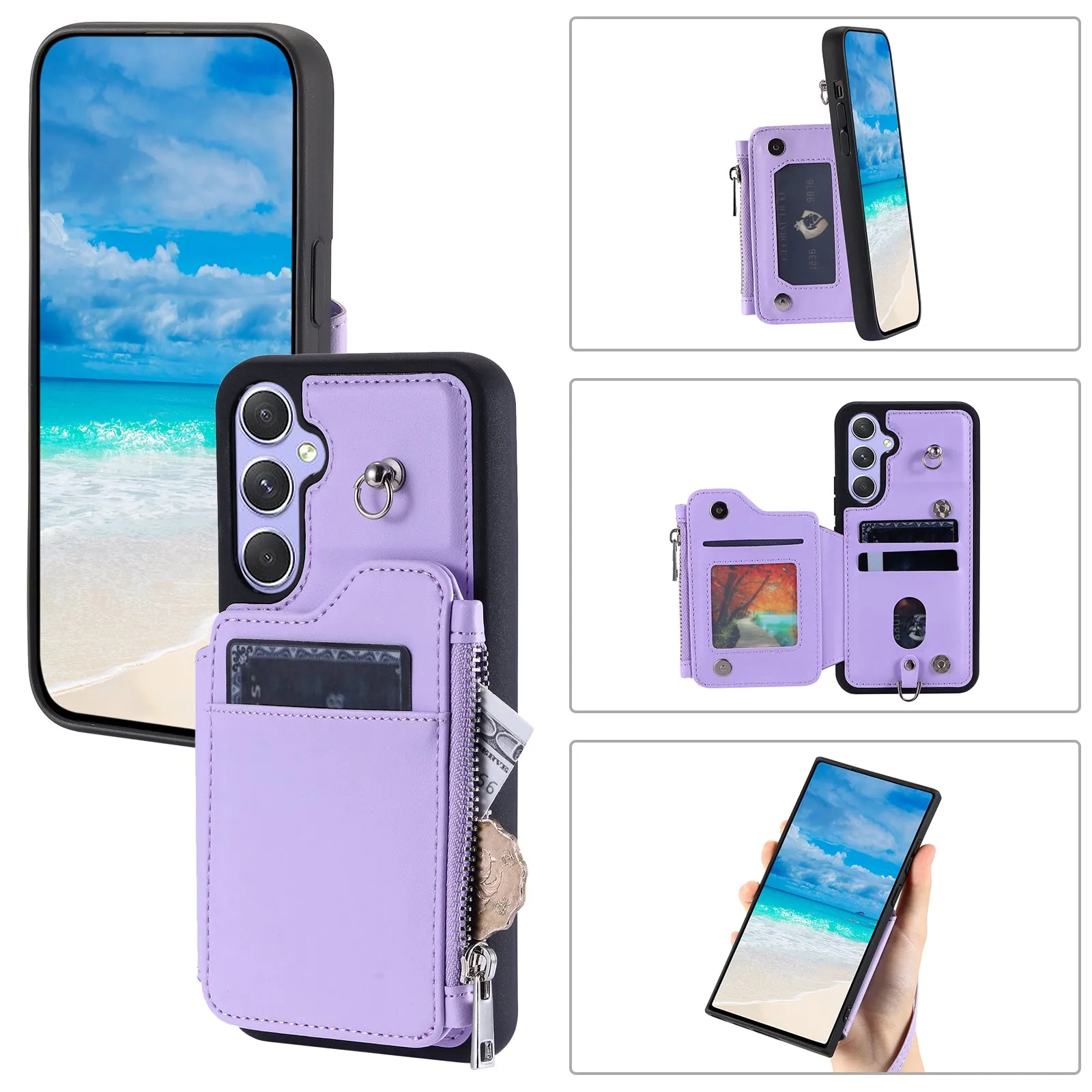 009 Phone Case for Samsung Galaxy A54 5G , RFID Blocking PU TPU Bump Proof Cover Kickstand Zipper Wallet Shell with Strap