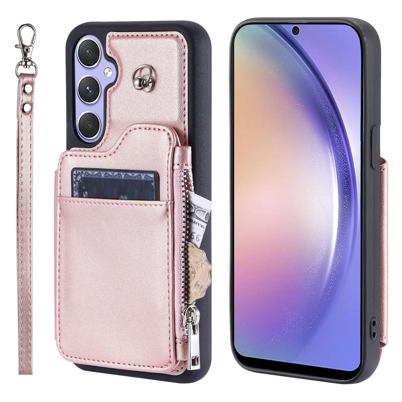 009 Phone Case for Samsung Galaxy A54 5G , RFID Blocking PU TPU Bump Proof Cover Kickstand Zipper Wallet Shell with Strap