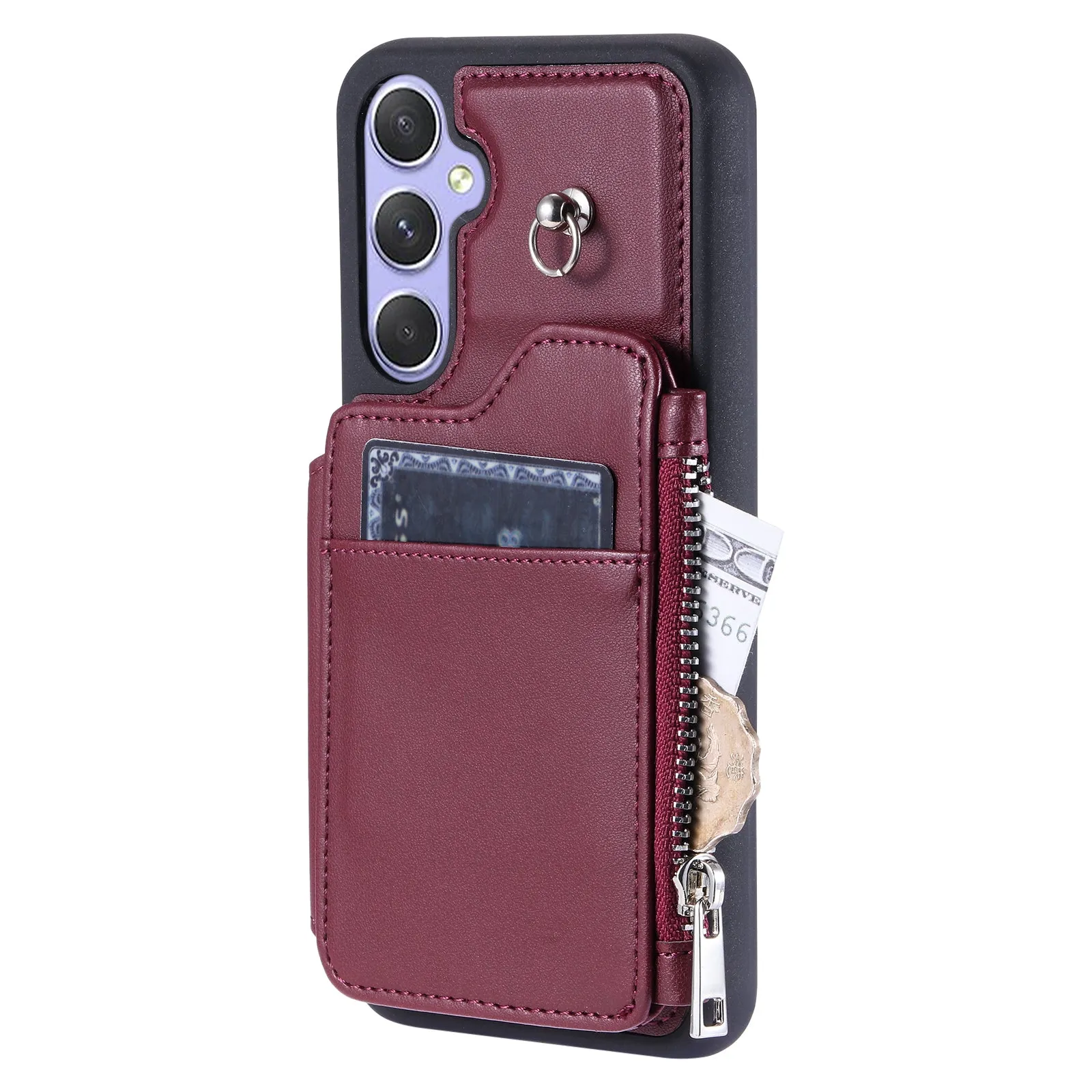 009 Phone Case for Samsung Galaxy A54 5G , RFID Blocking PU TPU Bump Proof Cover Kickstand Zipper Wallet Shell with Strap