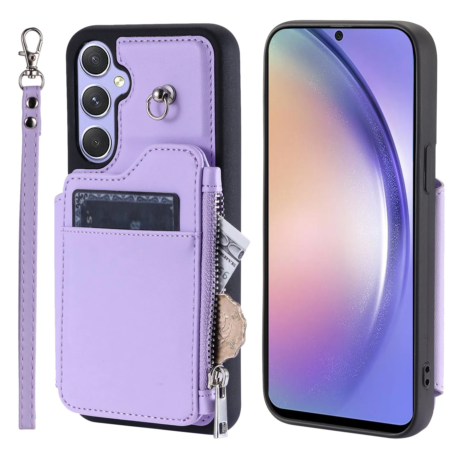 009 Phone Case for Samsung Galaxy A54 5G , RFID Blocking PU TPU Bump Proof Cover Kickstand Zipper Wallet Shell with Strap