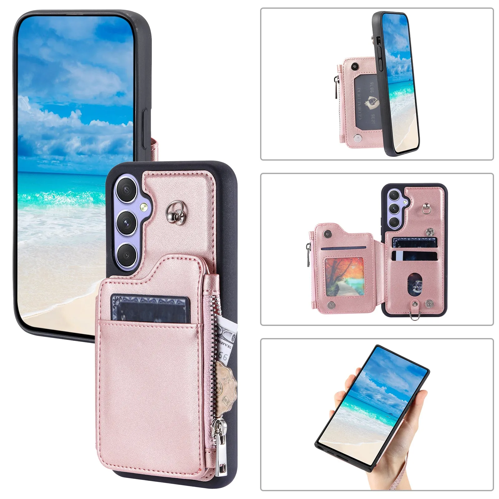 009 Phone Case for Samsung Galaxy A54 5G , RFID Blocking PU TPU Bump Proof Cover Kickstand Zipper Wallet Shell with Strap