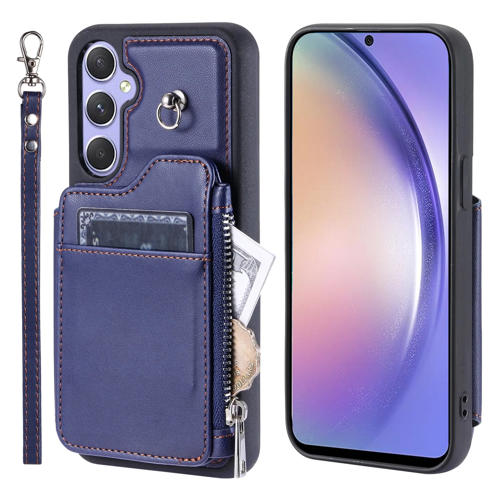 009 Phone Case for Samsung Galaxy A54 5G , RFID Blocking PU TPU Bump Proof Cover Kickstand Zipper Wallet Shell with Strap