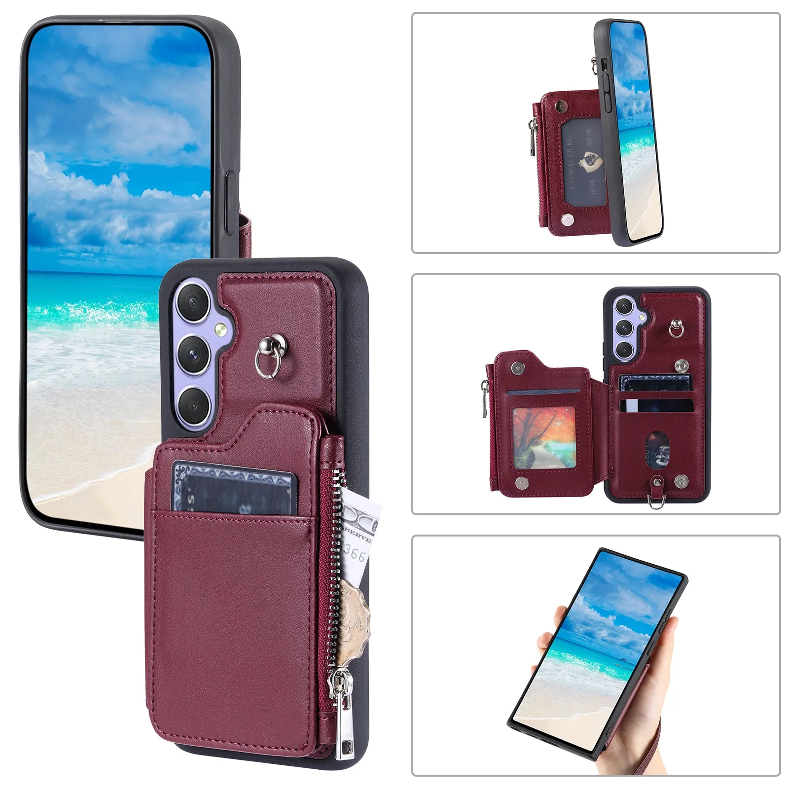 009 Phone Case for Samsung Galaxy A54 5G , RFID Blocking PU TPU Bump Proof Cover Kickstand Zipper Wallet Shell with Strap