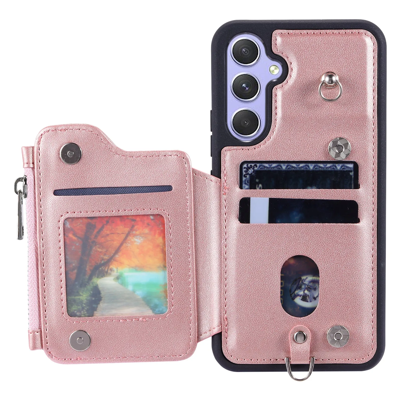 009 Phone Case for Samsung Galaxy A54 5G , RFID Blocking PU TPU Bump Proof Cover Kickstand Zipper Wallet Shell with Strap