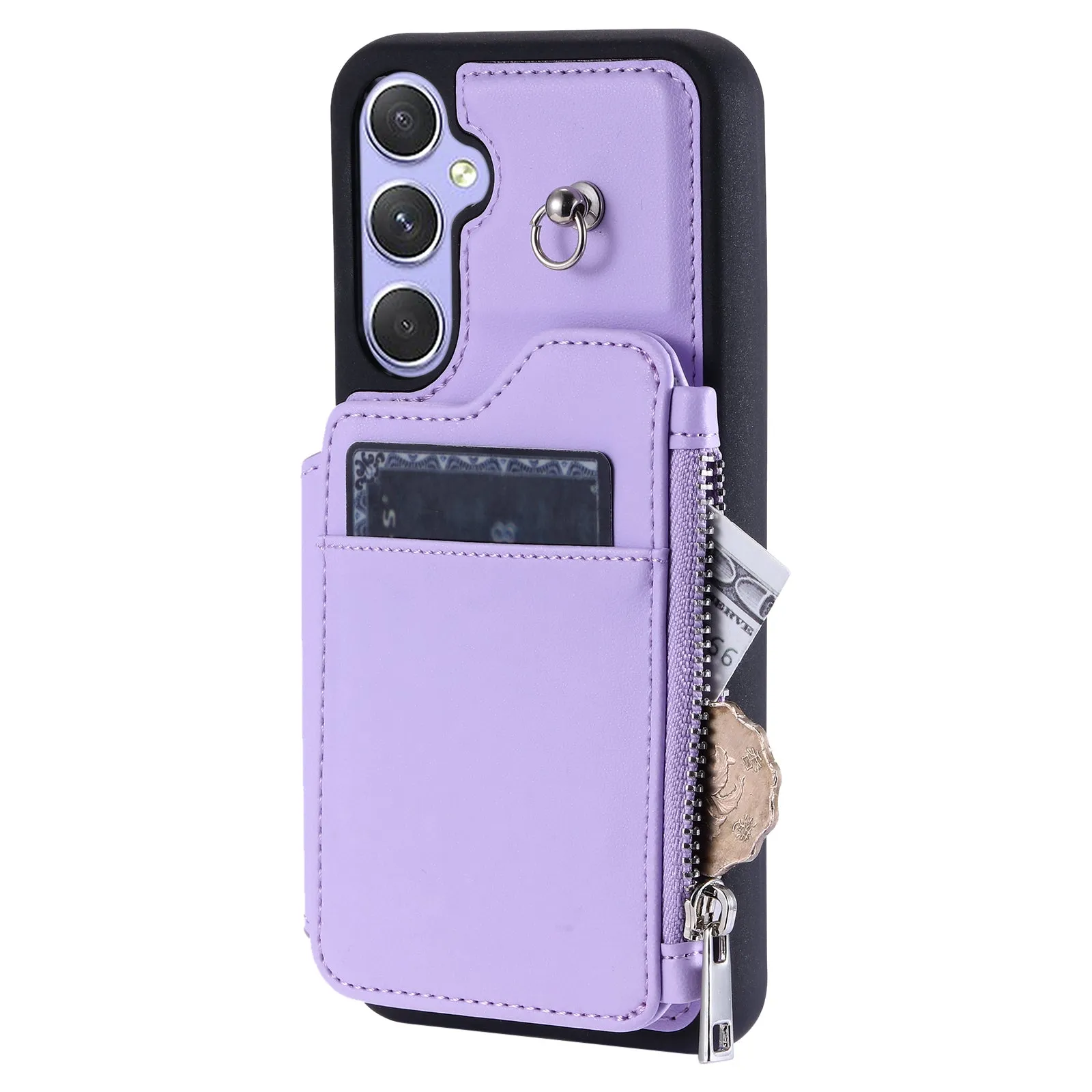 009 Phone Case for Samsung Galaxy A54 5G , RFID Blocking PU TPU Bump Proof Cover Kickstand Zipper Wallet Shell with Strap