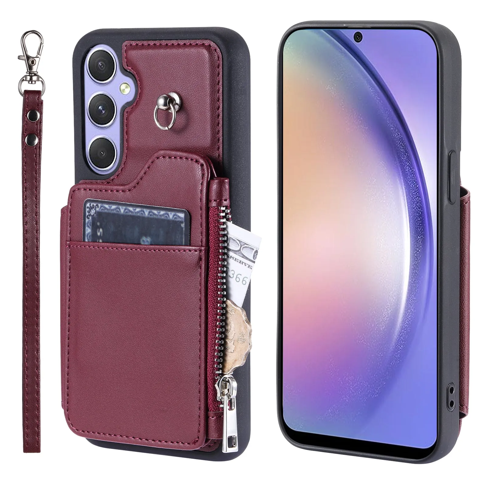 009 Phone Case for Samsung Galaxy A54 5G , RFID Blocking PU TPU Bump Proof Cover Kickstand Zipper Wallet Shell with Strap