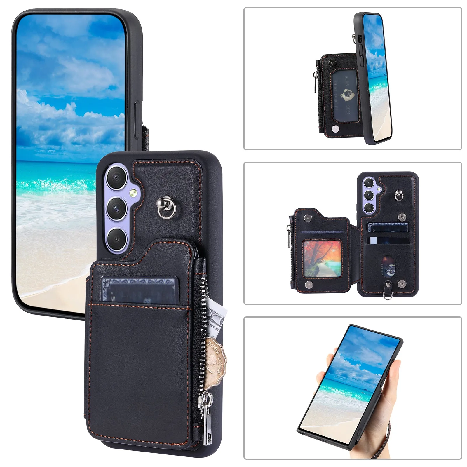 009 Phone Case for Samsung Galaxy A54 5G , RFID Blocking PU TPU Bump Proof Cover Kickstand Zipper Wallet Shell with Strap