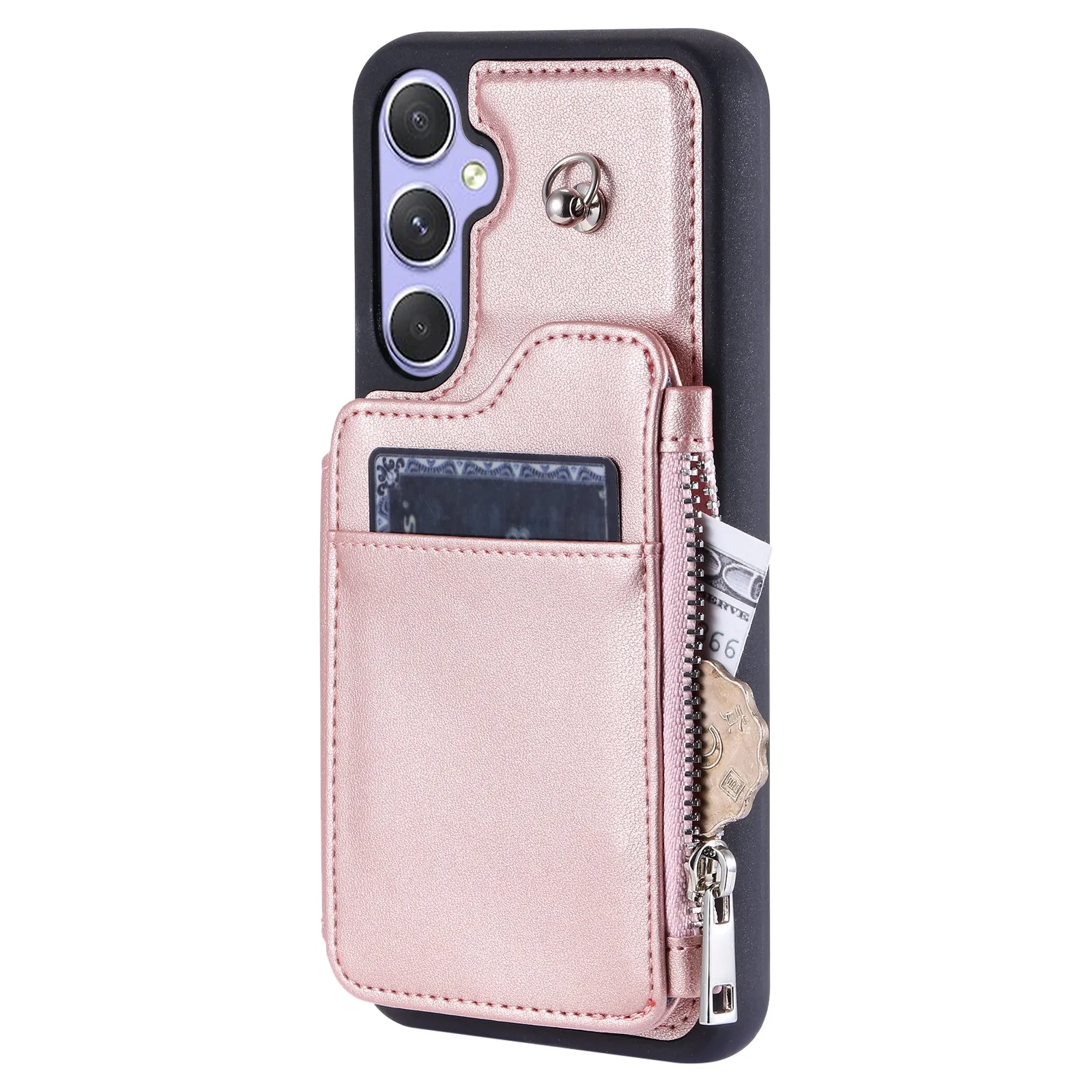 009 Phone Case for Samsung Galaxy A54 5G , RFID Blocking PU TPU Bump Proof Cover Kickstand Zipper Wallet Shell with Strap