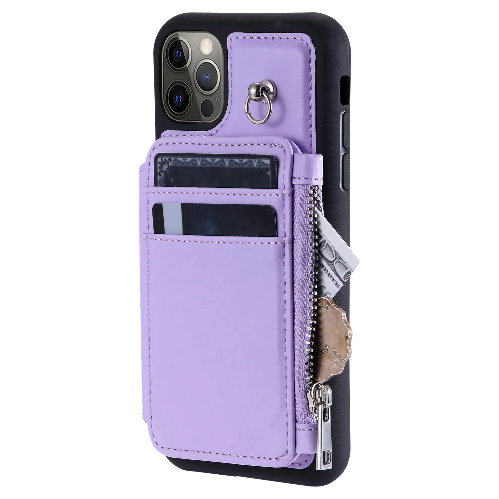 009 Zipper Wallet Case for iPhone 12 / 12 Pro 6.1 inch , RFID Blocking Anti-fall PU Leather Coated TPU Kickstand Phone Cover with Straps