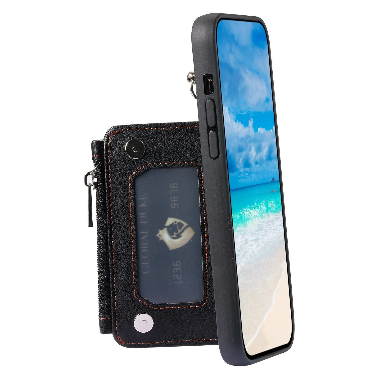 009 Zipper Wallet Case for iPhone 12 / 12 Pro 6.1 inch , RFID Blocking Anti-fall PU Leather Coated TPU Kickstand Phone Cover with Straps