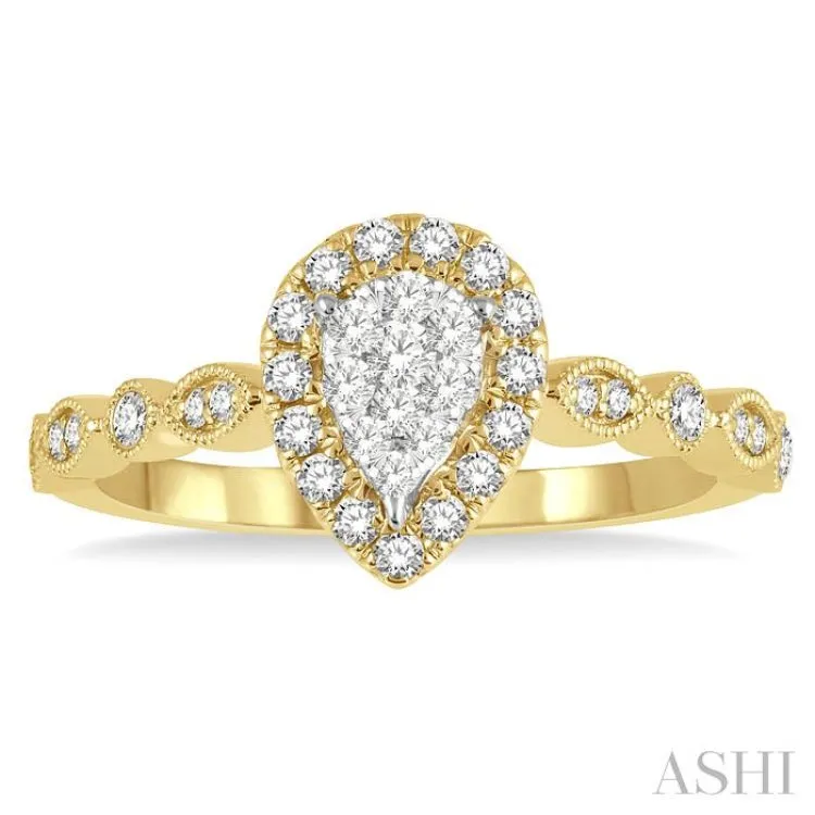 1/3 ctw Lattice Pear Shape Lovebright Round Cut Diamond Engagement Ring in 14K Yellow and White Gold