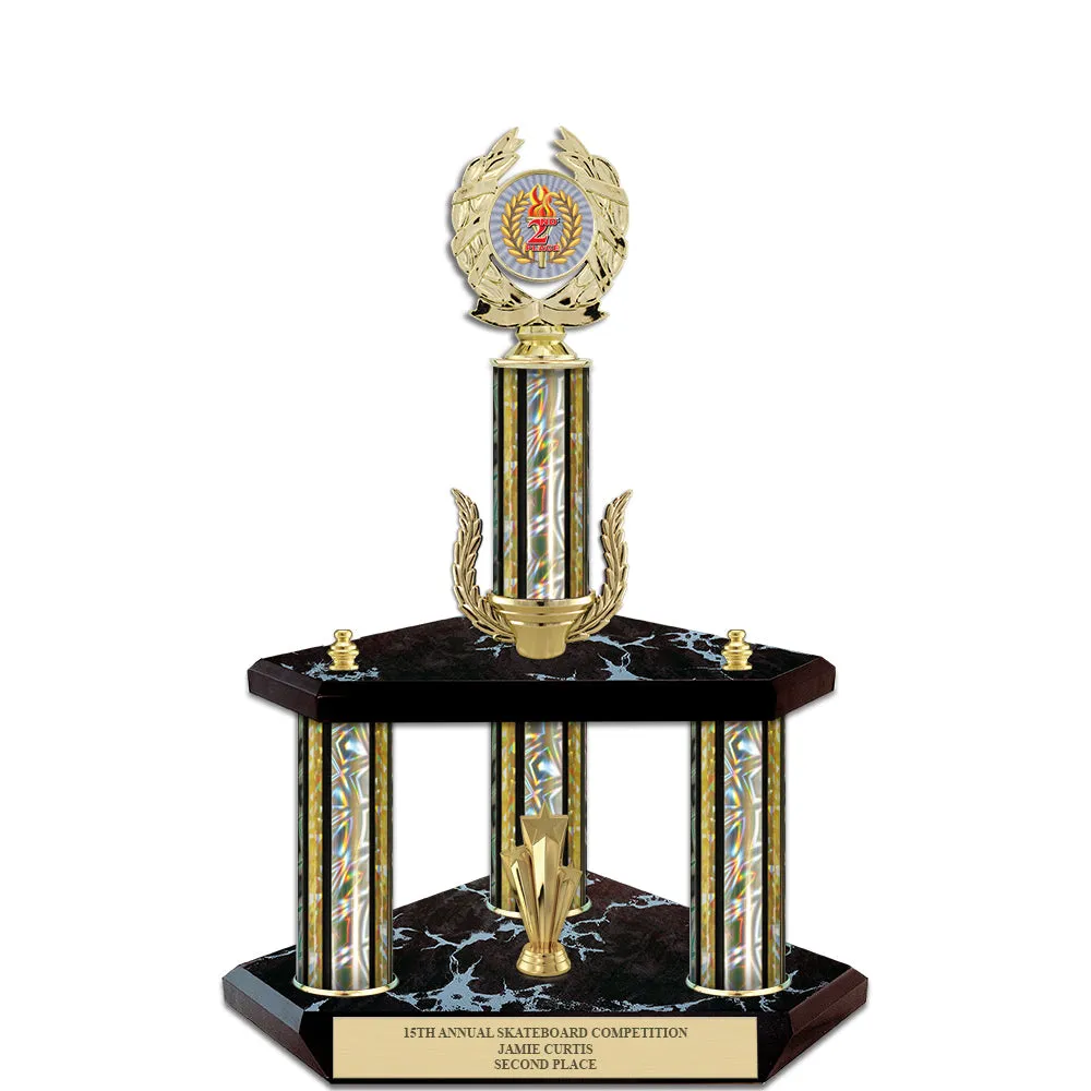 15" Custom 3 Column Black Base Award Trophy With Wreath & Insert Top