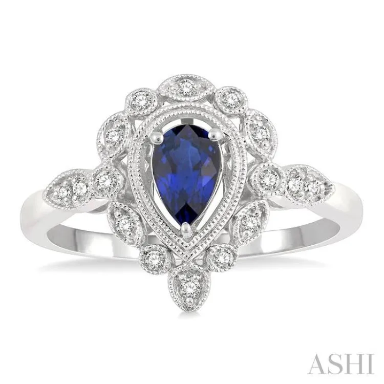 1/8 Ctw Lattice Reverse Taper Shank Round Cut Diamond & 6x4MM Pear Cut Sapphire Precious Ring in 10K White Gold