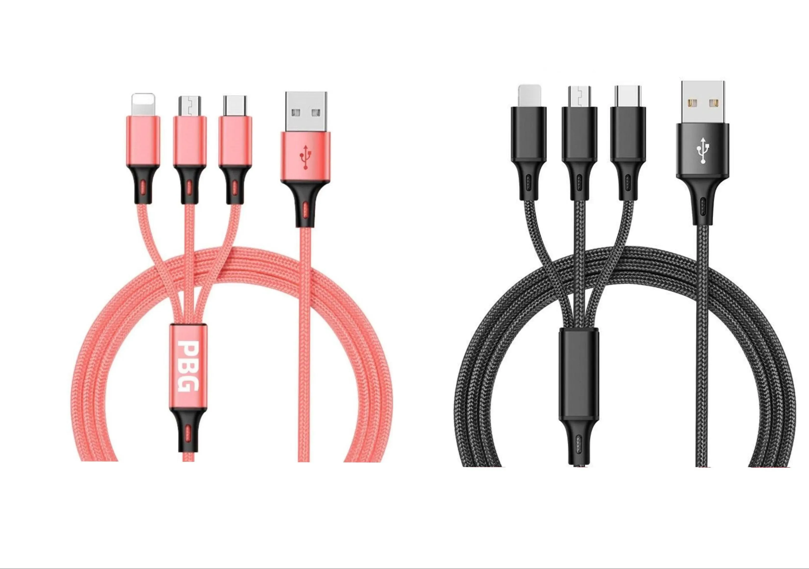 3-in-1 Nylon Braided 4FT 3A Charging Cable (8Pin, Type-C, Micro USB) 2 Pack Mix n Match