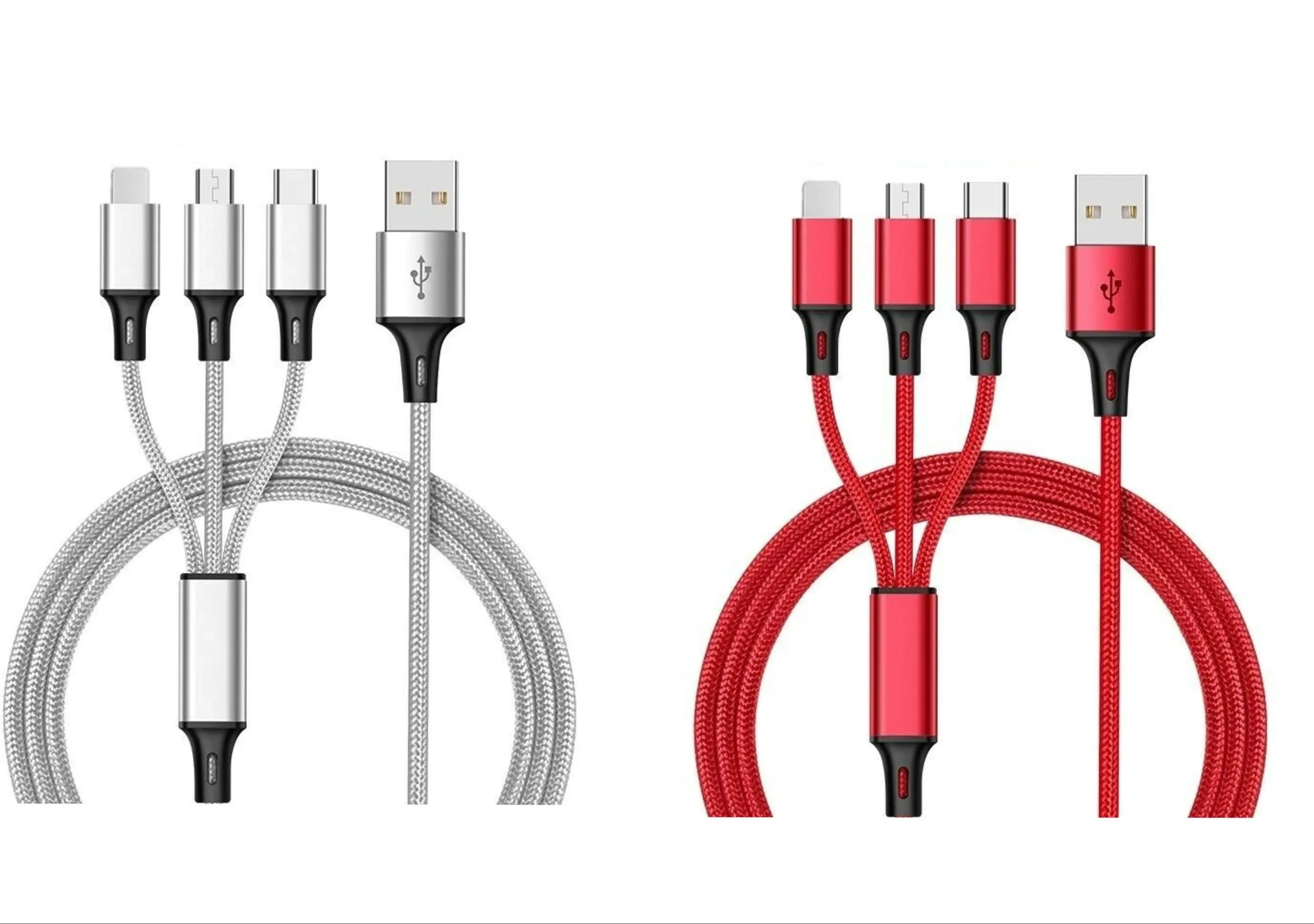 3-in-1 Nylon Braided 4FT 3A Charging Cable (8Pin, Type-C, Micro USB) 2 Pack Mix n Match