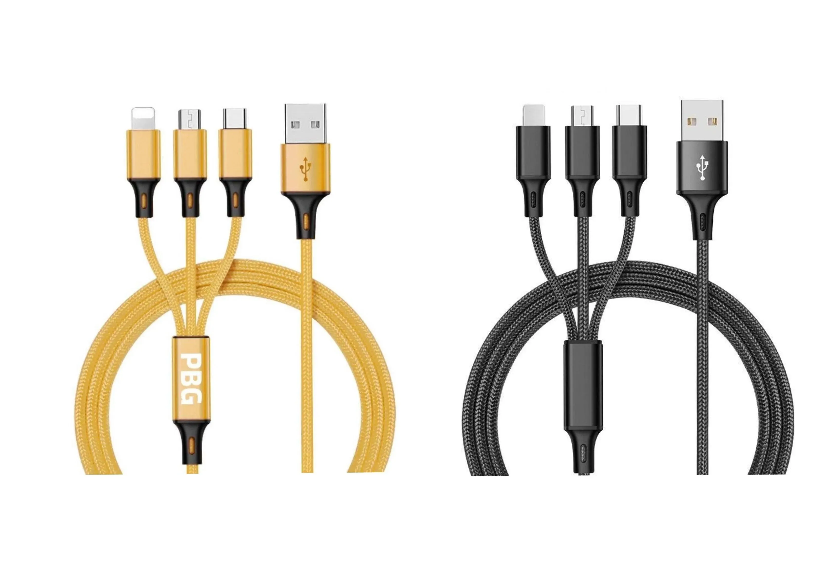 3-in-1 Nylon Braided 4FT 3A Charging Cable (8Pin, Type-C, Micro USB) 2 Pack Mix n Match