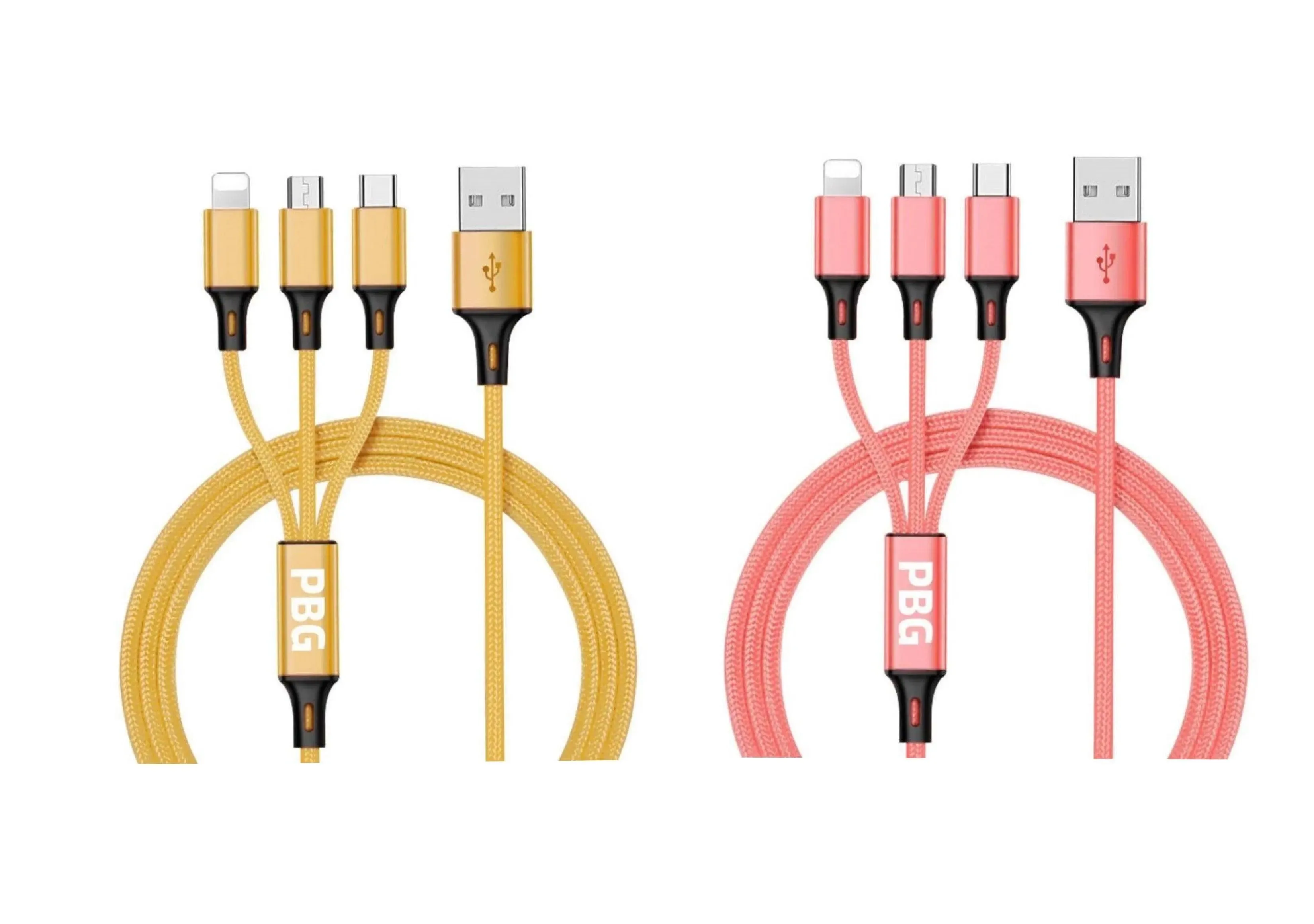 3-in-1 Nylon Braided 4FT 3A Charging Cable (8Pin, Type-C, Micro USB) 2 Pack Mix n Match