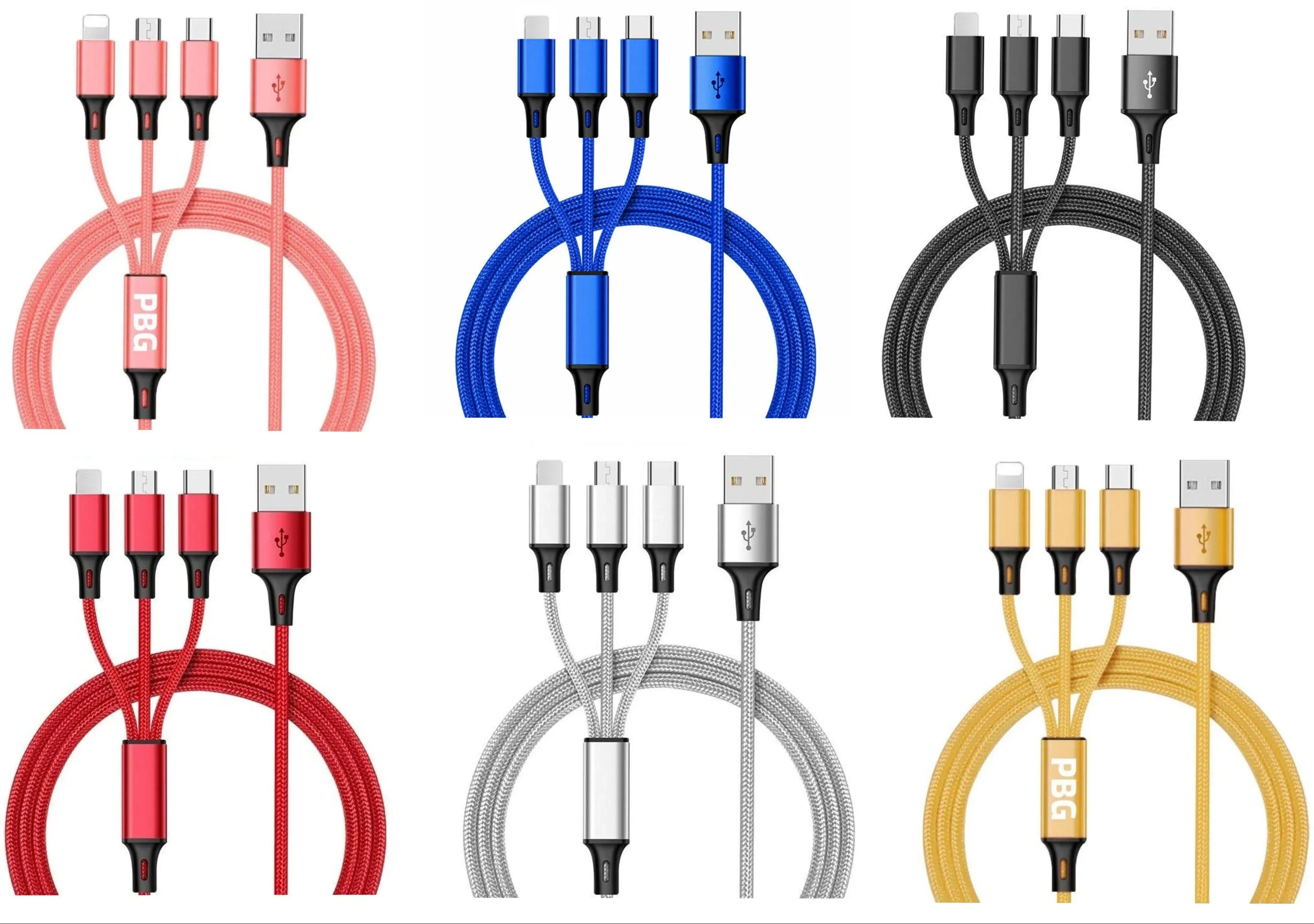 3-in-1 Nylon Braided 4FT 3A Charging Cable (8Pin, Type-C, Micro USB) 2 Pack Mix n Match