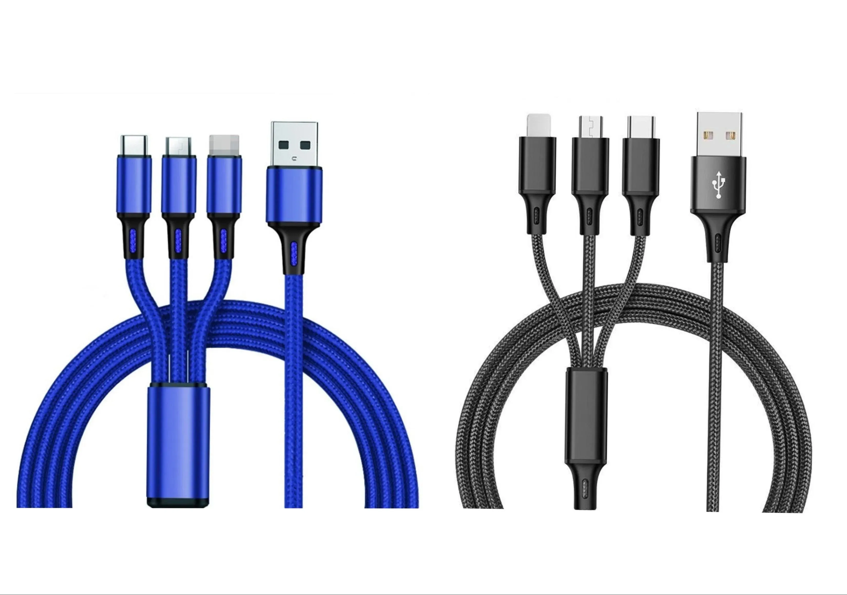 3-in-1 Nylon Braided 4FT 3A Charging Cable (8Pin, Type-C, Micro USB) 2 Pack Mix n Match