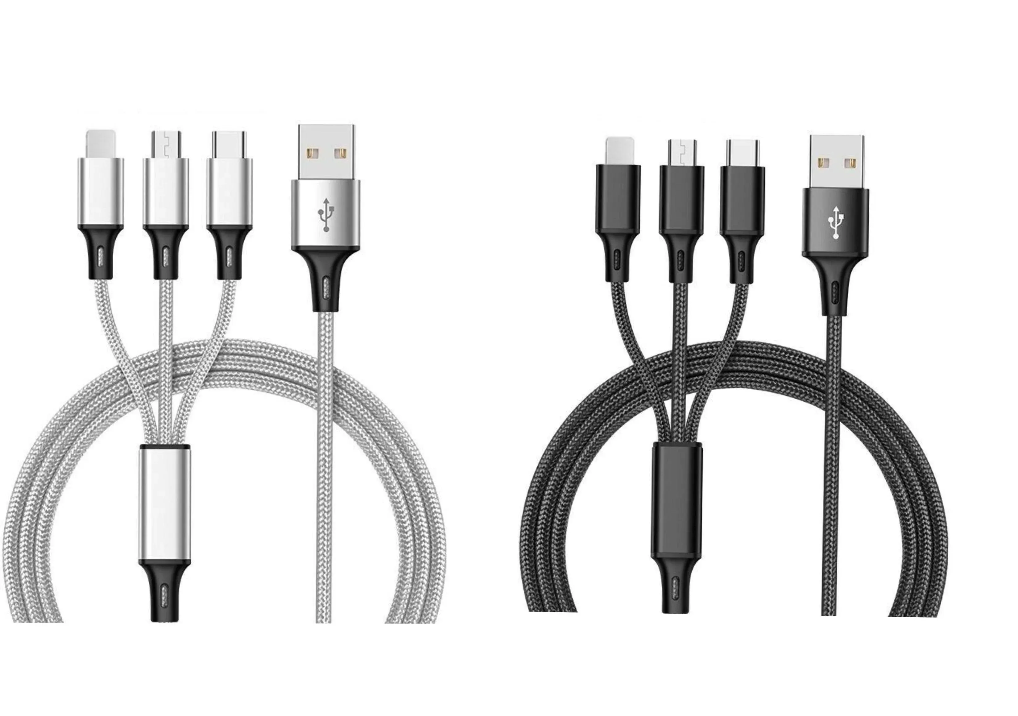 3-in-1 Nylon Braided 4FT 3A Charging Cable (8Pin, Type-C, Micro USB) 2 Pack Mix n Match