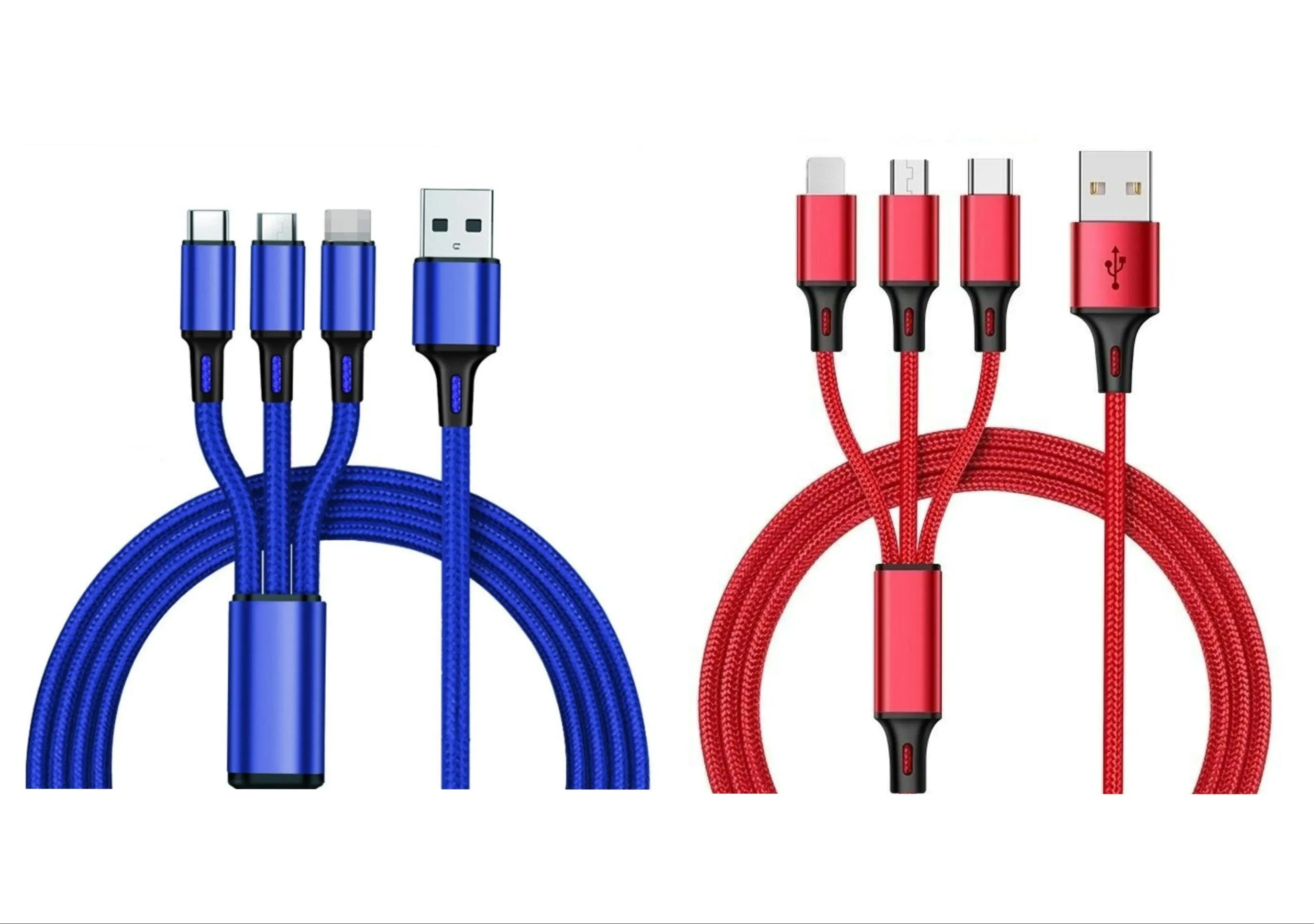 3-in-1 Nylon Braided 4FT 3A Charging Cable (8Pin, Type-C, Micro USB) 2 Pack Mix n Match