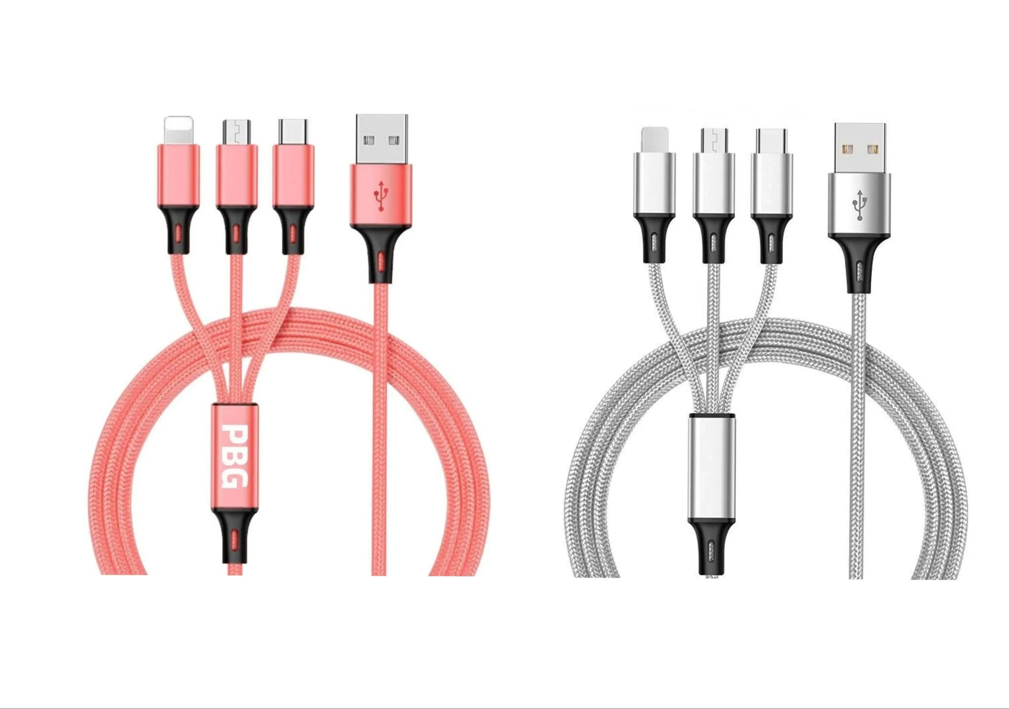 3-in-1 Nylon Braided 4FT 3A Charging Cable (8Pin, Type-C, Micro USB) 2 Pack Mix n Match