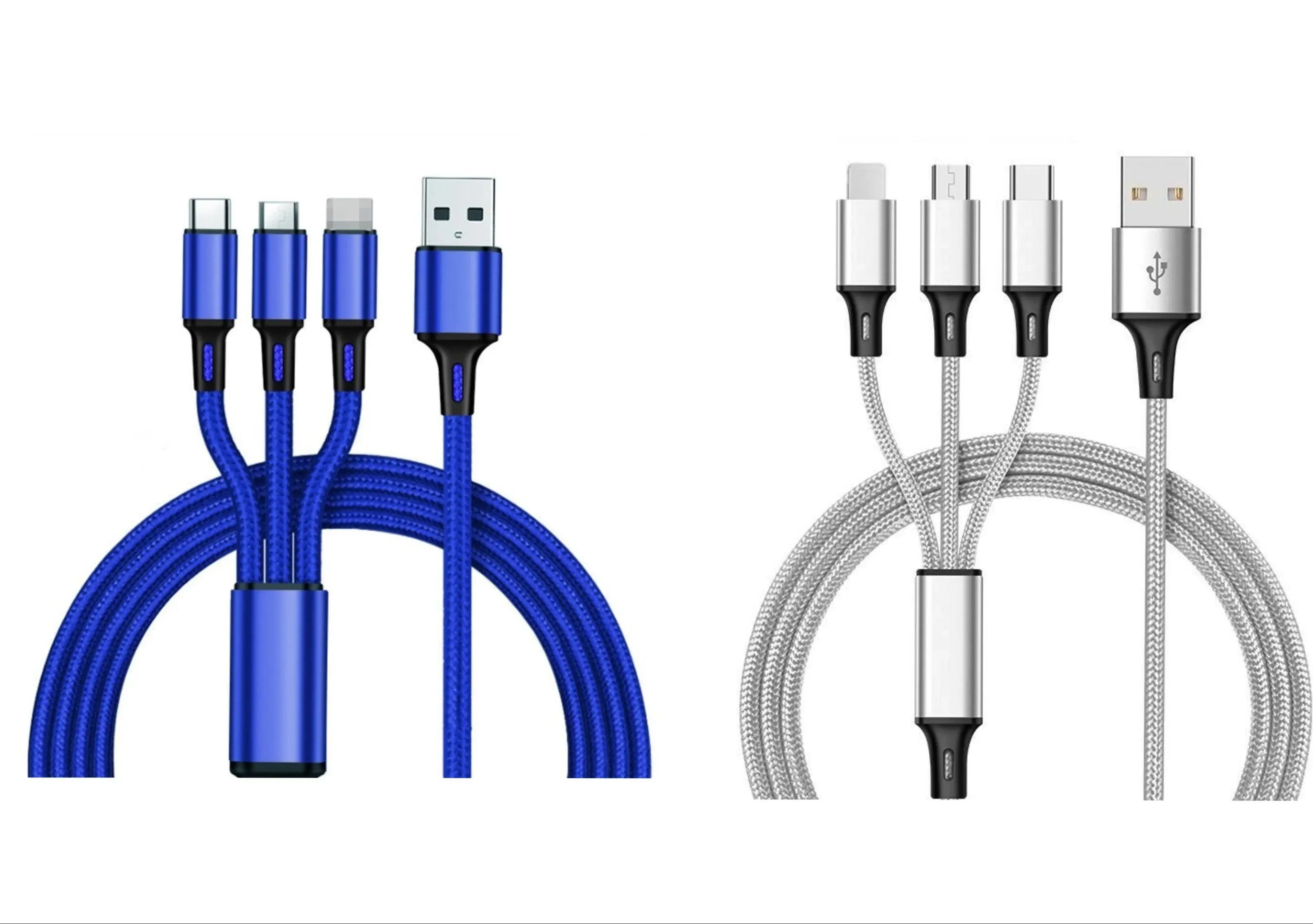 3-in-1 Nylon Braided 4FT 3A Charging Cable (8Pin, Type-C, Micro USB) 2 Pack Mix n Match