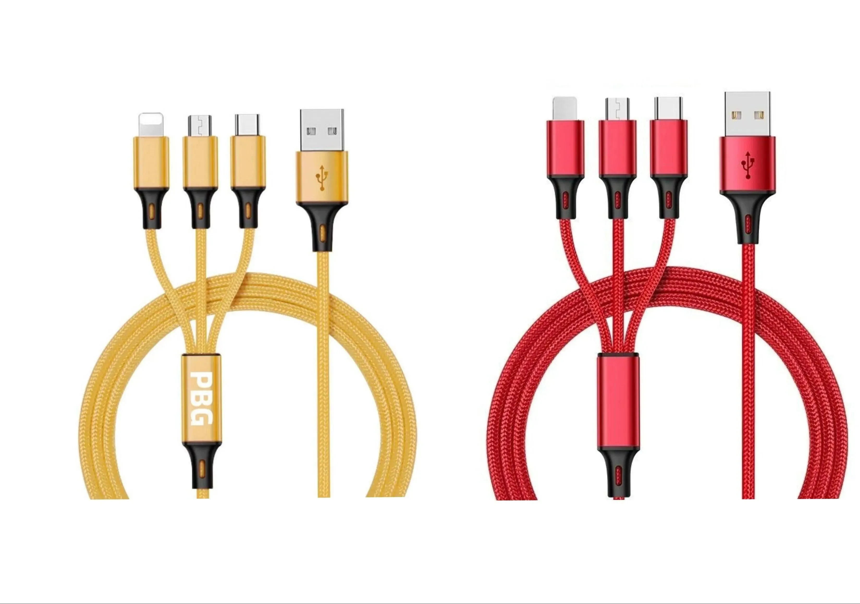 3-in-1 Nylon Braided 4FT 3A Charging Cable (8Pin, Type-C, Micro USB) 2 Pack Mix n Match