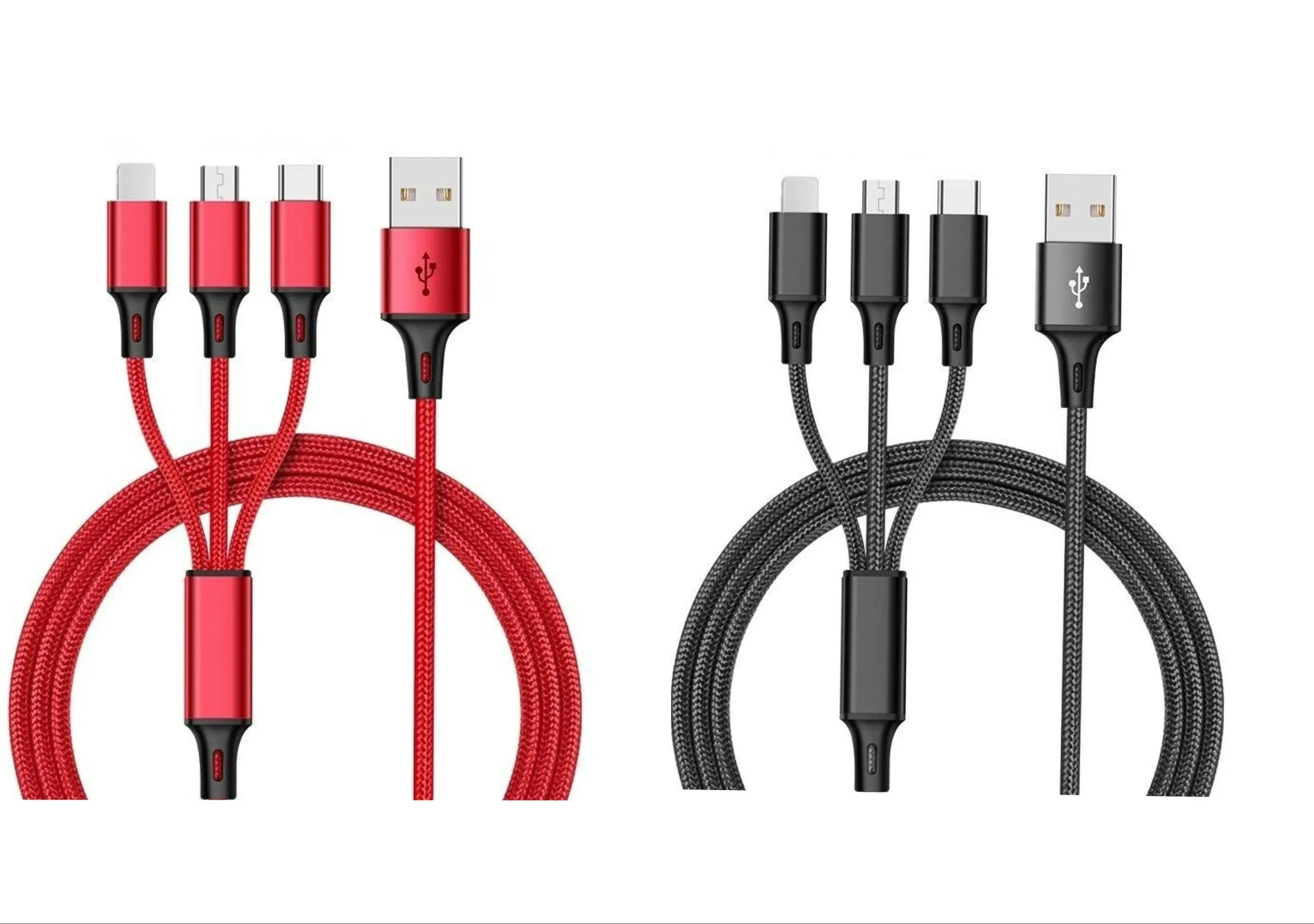 3-in-1 Nylon Braided 4FT 3A Charging Cable (8Pin, Type-C, Micro USB) 2 Pack Mix n Match