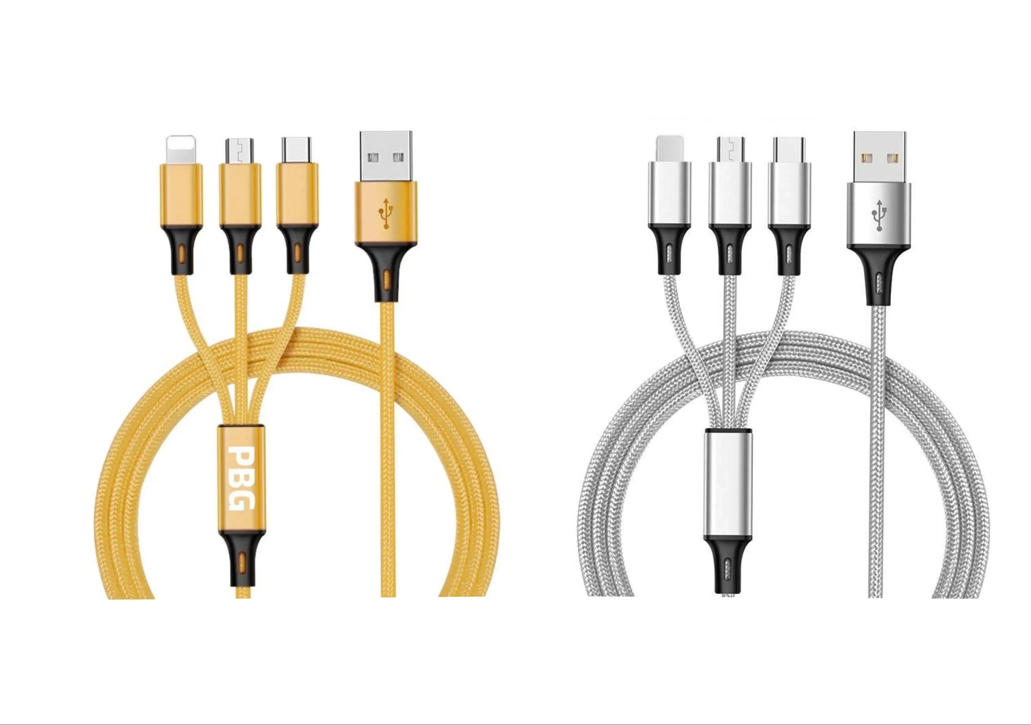 3-in-1 Nylon Braided 4FT 3A Charging Cable (8Pin, Type-C, Micro USB) 2 Pack Mix n Match