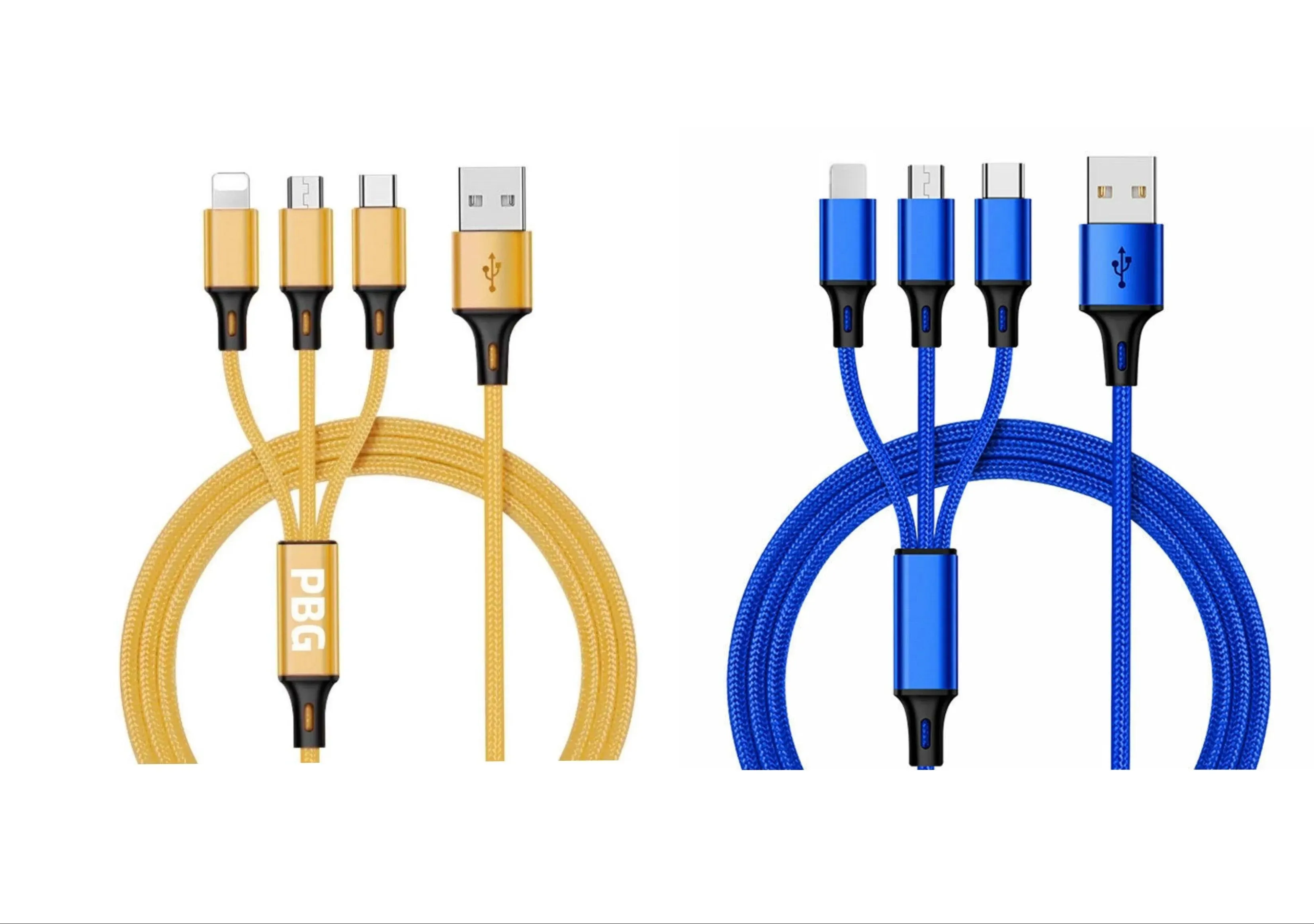 3-in-1 Nylon Braided 4FT 3A Charging Cable (8Pin, Type-C, Micro USB) 2 Pack Mix n Match