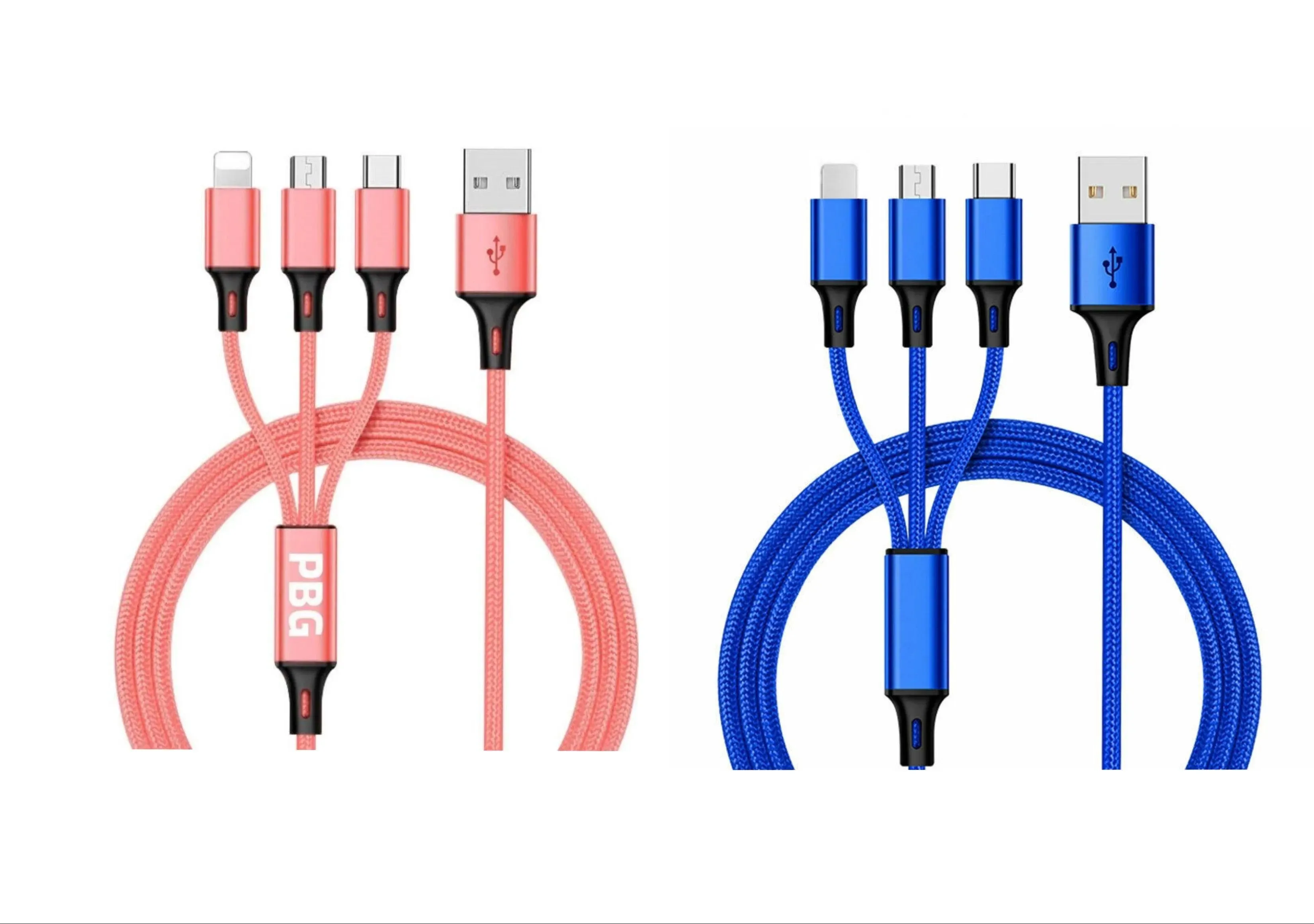 3-in-1 Nylon Braided 4FT 3A Charging Cable (8Pin, Type-C, Micro USB) 2 Pack Mix n Match