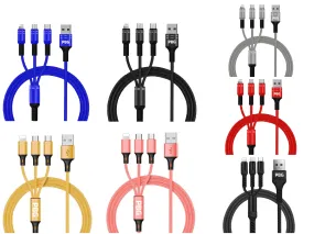 3-in-1 Nylon Braided 4FT 3A Charging Cable (8Pin, Type-C, Micro USB) 2 Pack Mix n Match