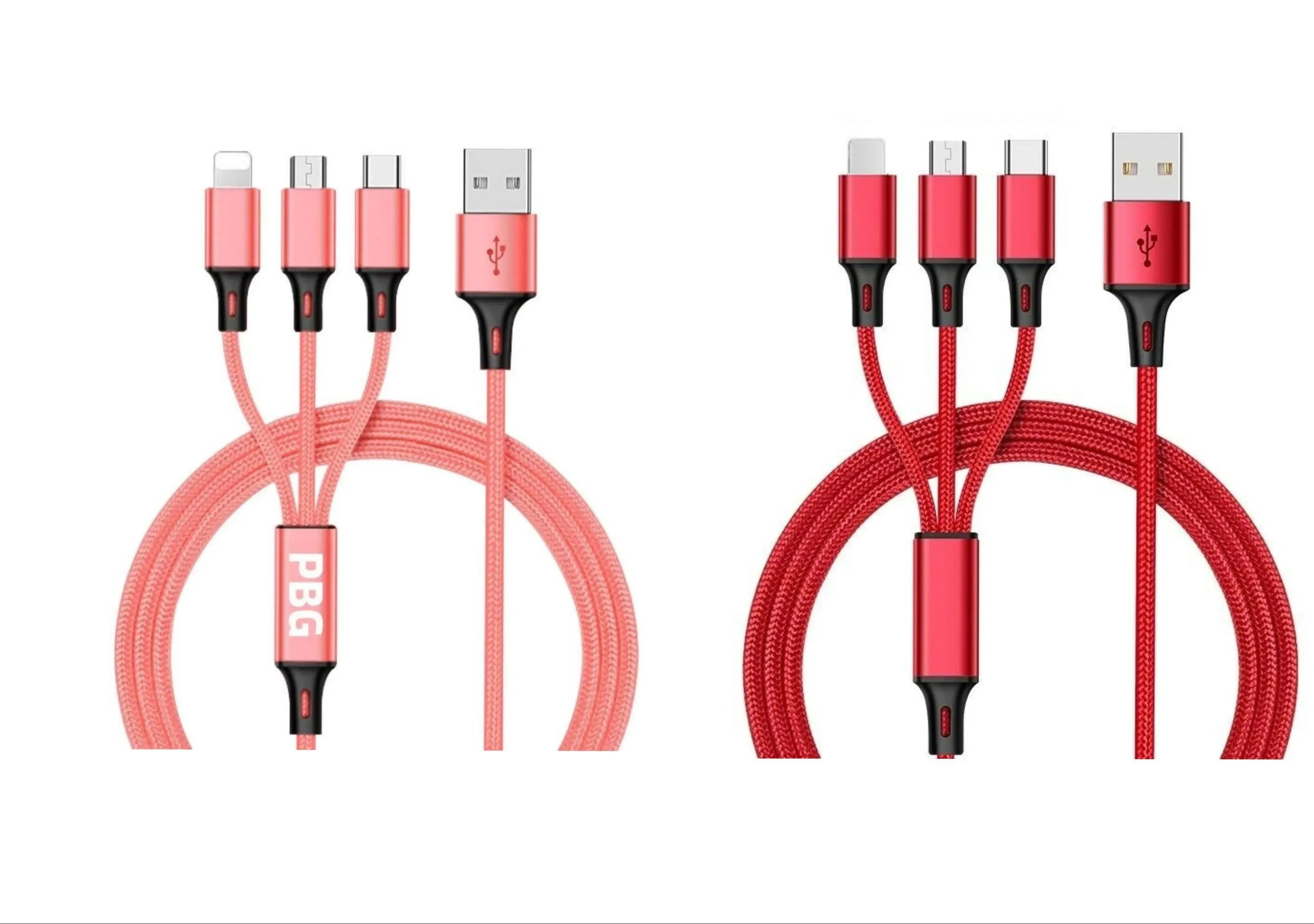 3-in-1 Nylon Braided 4FT 3A Charging Cable (8Pin, Type-C, Micro USB) 2 Pack Mix n Match