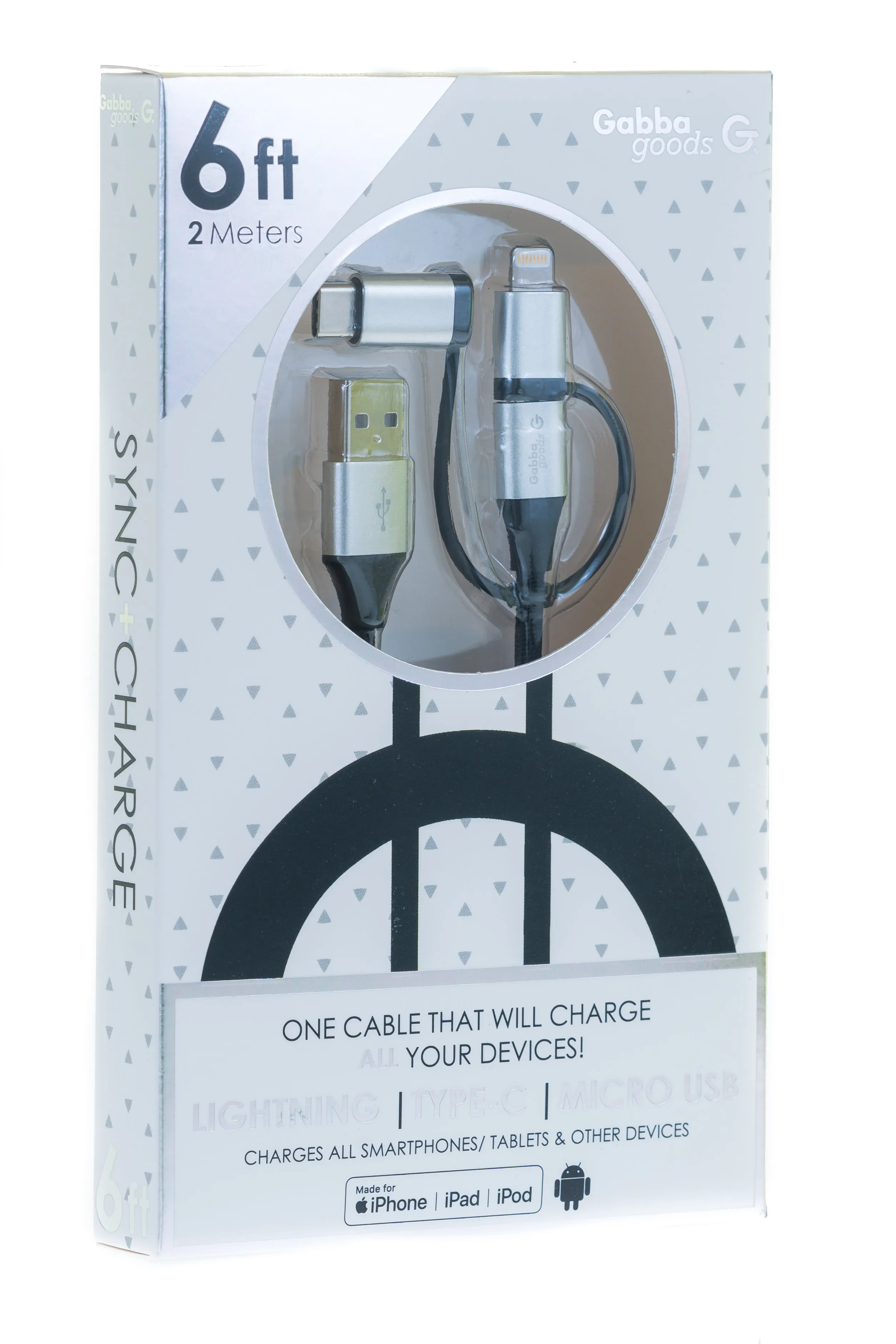 3-in-1 Tri-Tip USB To Apple Certified MFI Lightning/ Type C/ Micro USB Cable- 6ft