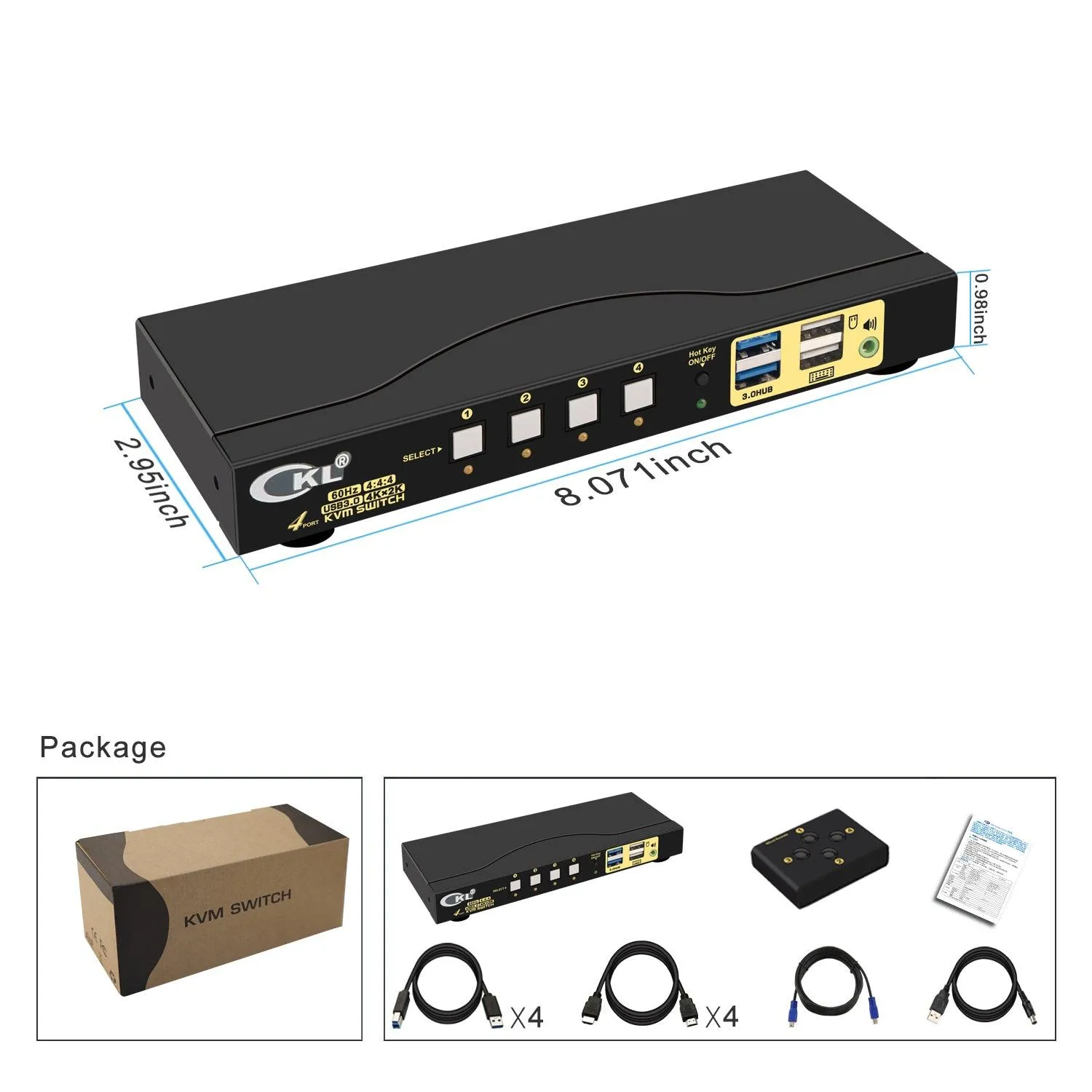 4x1 USB 3.0 KVM Switch Single Monitor HDMI 2.0 4K 60Hz CKL-64HUA-3