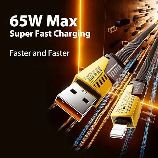 65W 4-in-1 Fast Charging Cable with Flat Braided USB-C, Type C, USB-A, Lightning Ports for all mobiles (3ft)