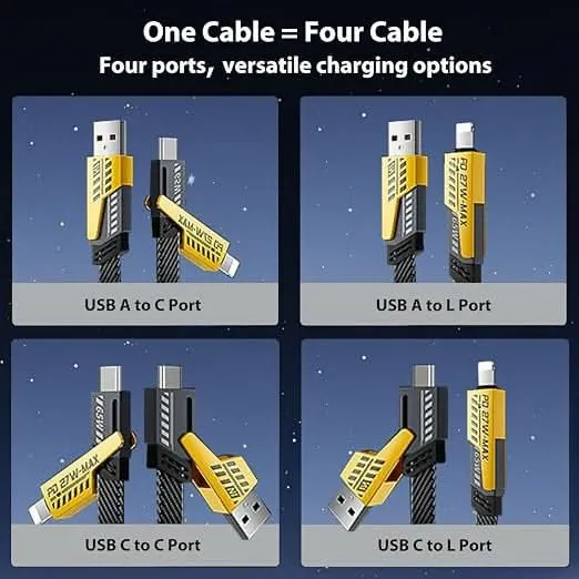 65W 4-in-1 Fast Charging Cable with Flat Braided USB-C, Type C, USB-A, Lightning Ports for all mobiles (3ft)