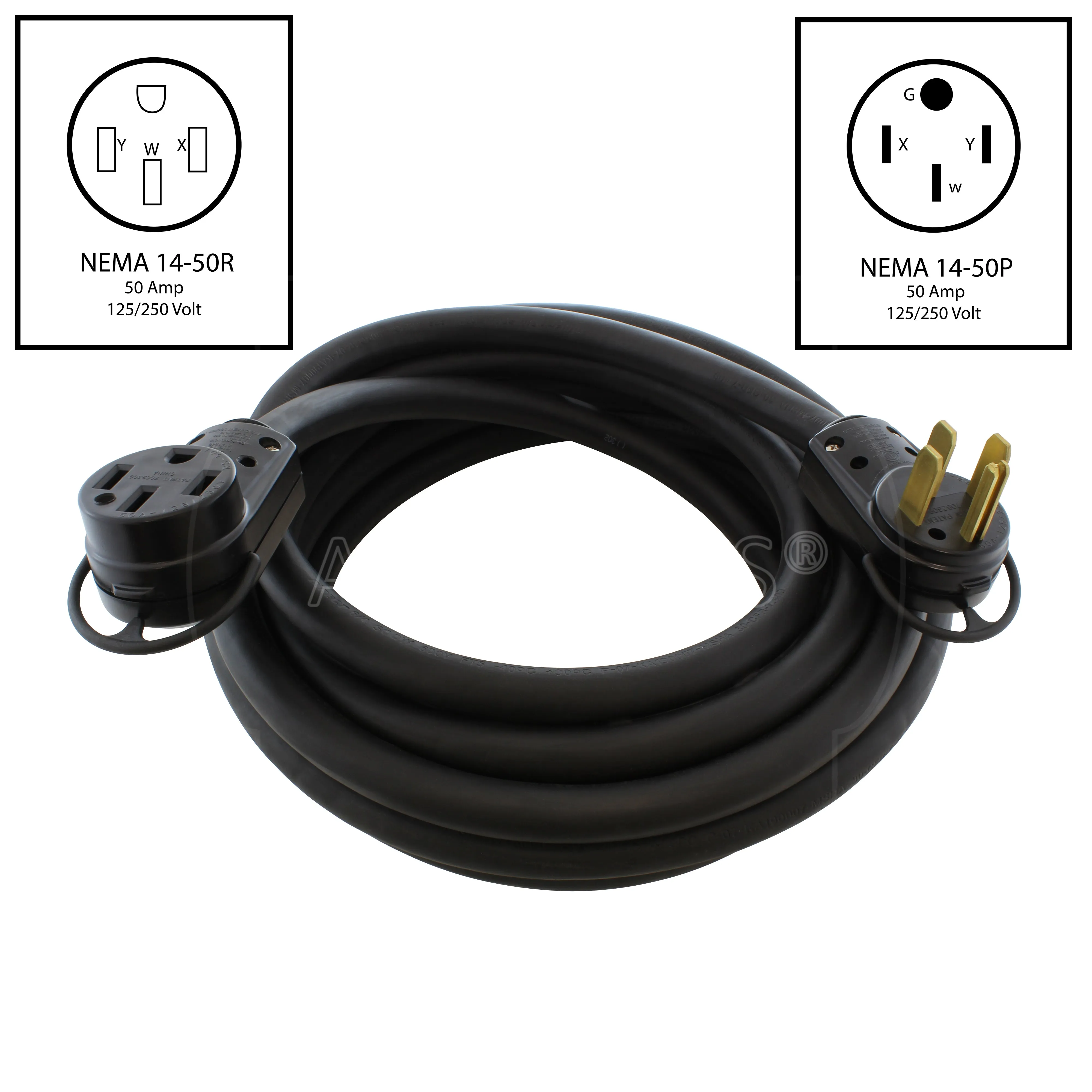 AC WORKS® [1450PR-RU] RV/ EV/ Generator 50A 125/250V NEMA 14-50 Rubber Extension Cord with Handles