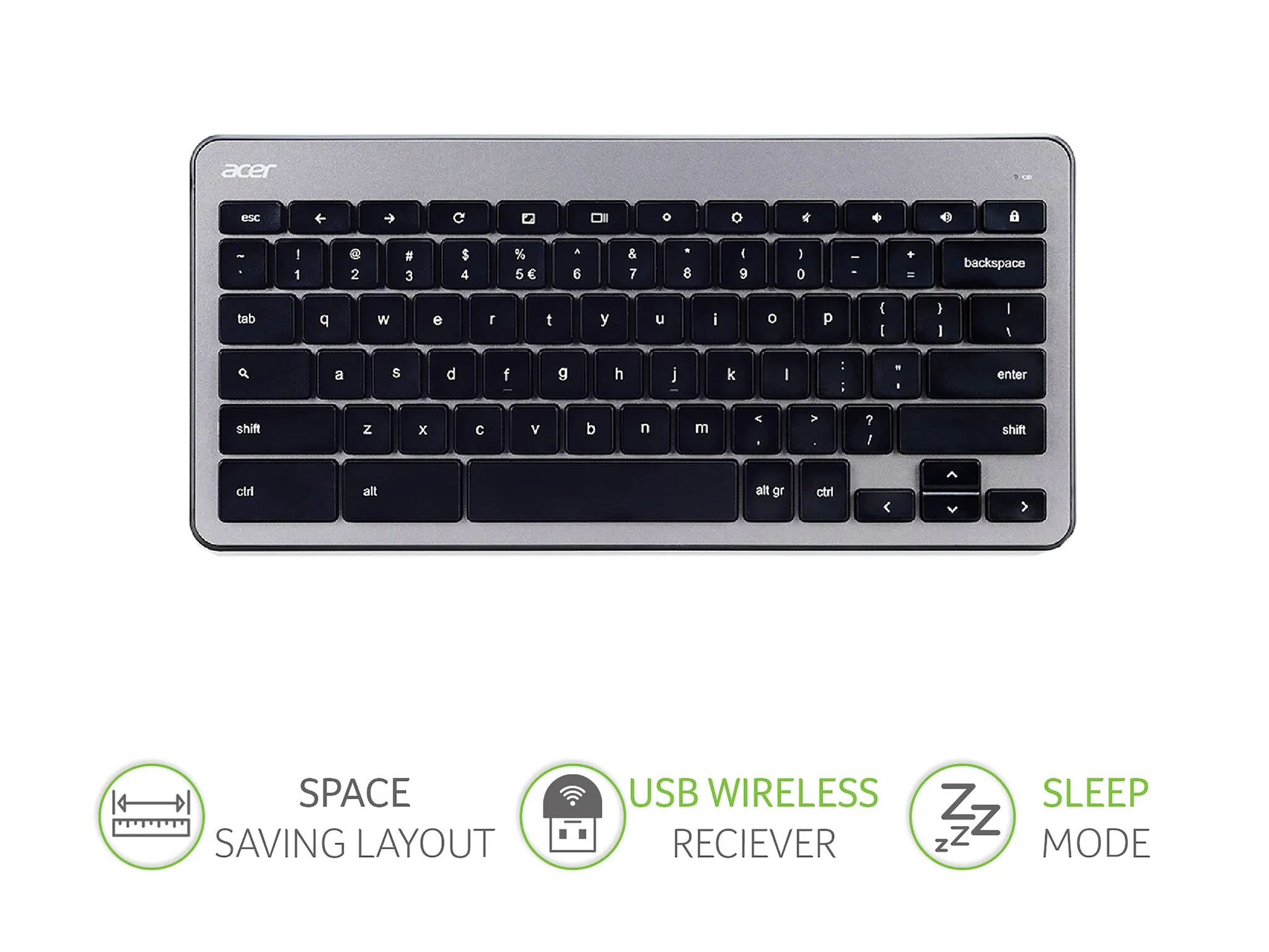 Acer Chrome Wireless Keyboard and Mouse Silver