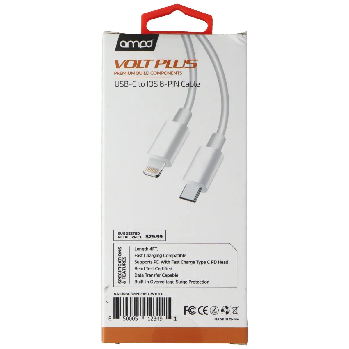 Ampd Volt Plus - (4-Ft) USB-C to Lightning 8-Pin Charge/Sync Cable - White