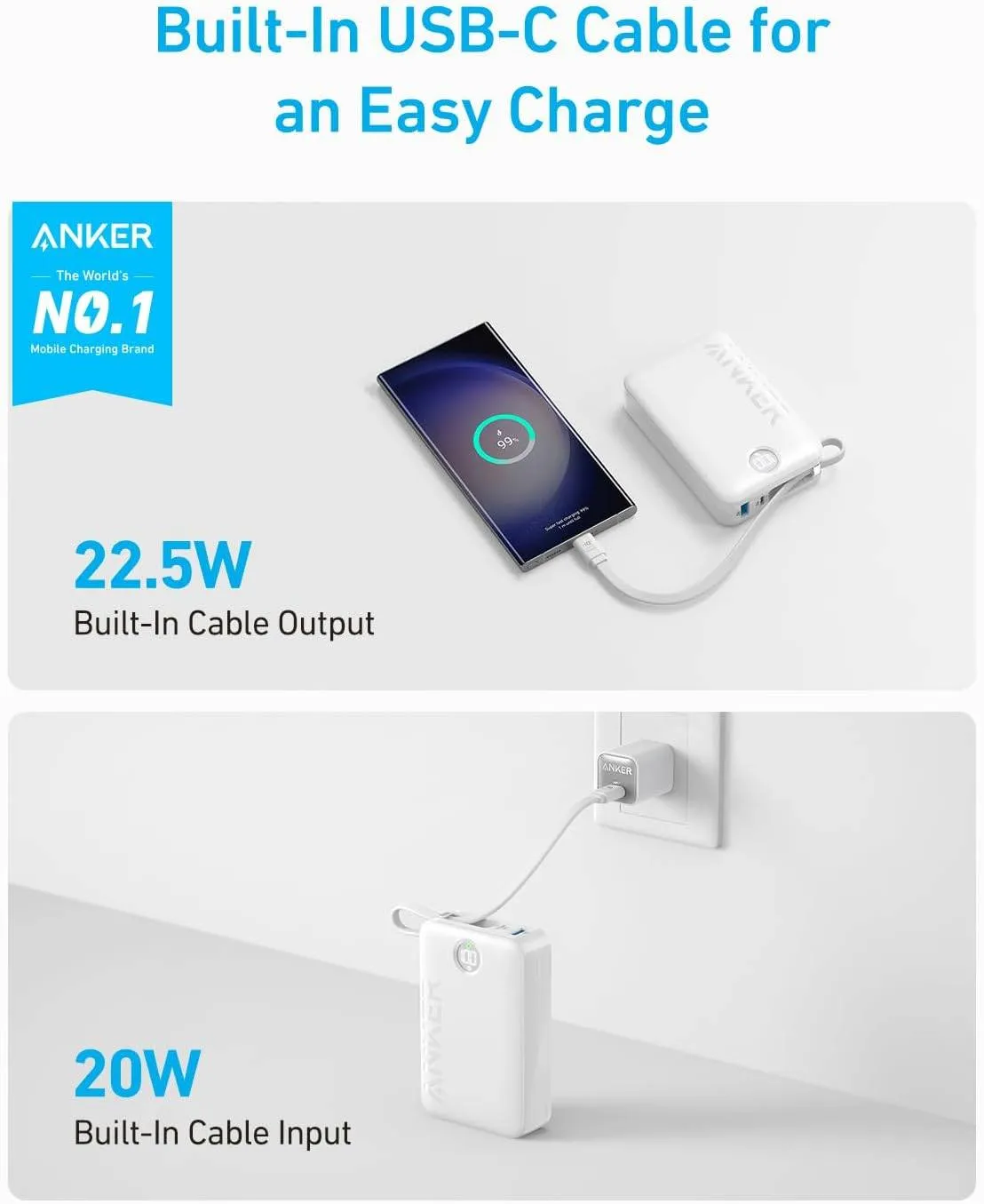 Anker Power Bank (20000Mah 22.5W Built-In Usb-C Cable) White-194644155568